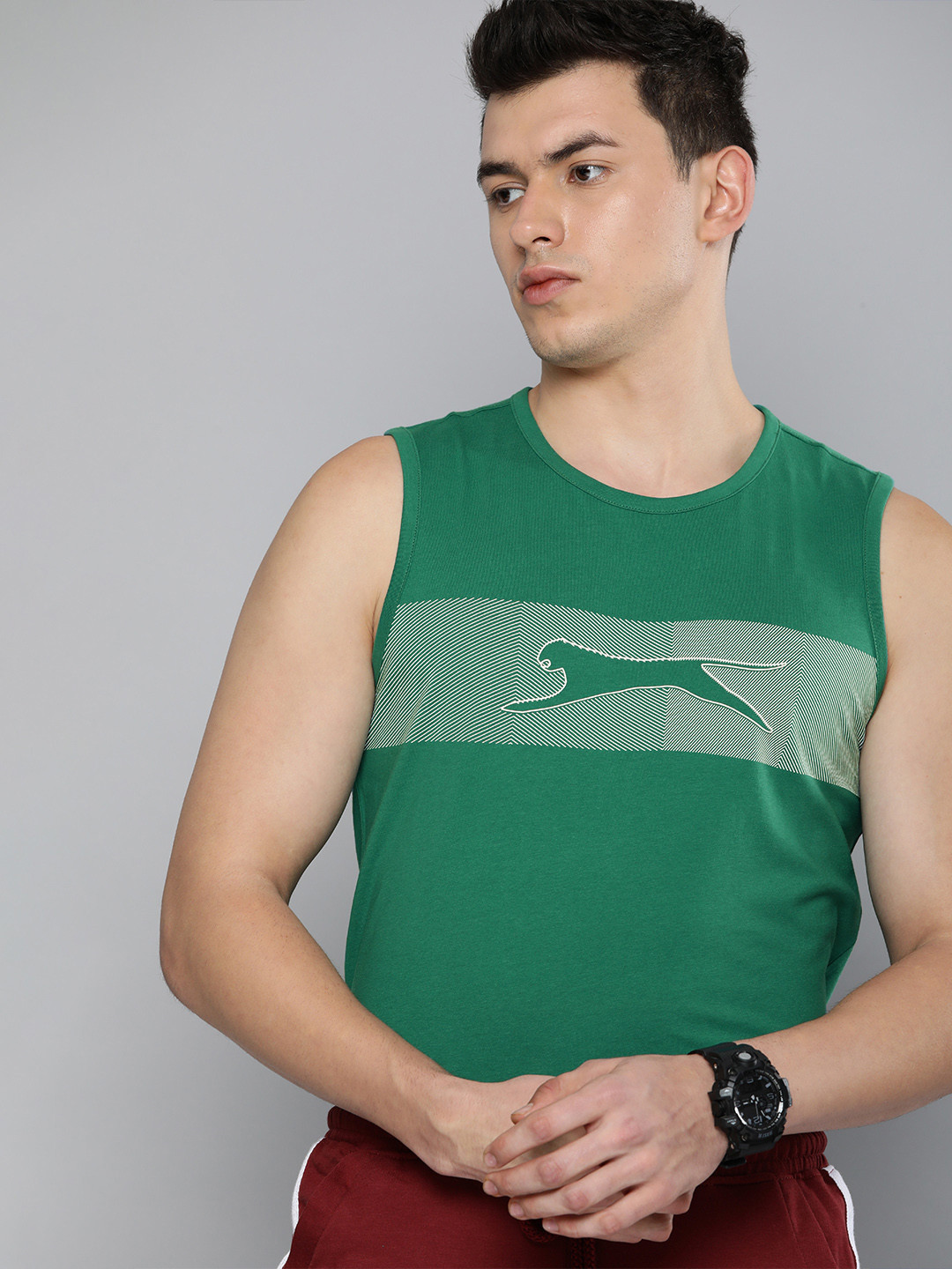 

Slazenger Men Green & White Brand Logo Printed Bio-Wash T-shirt