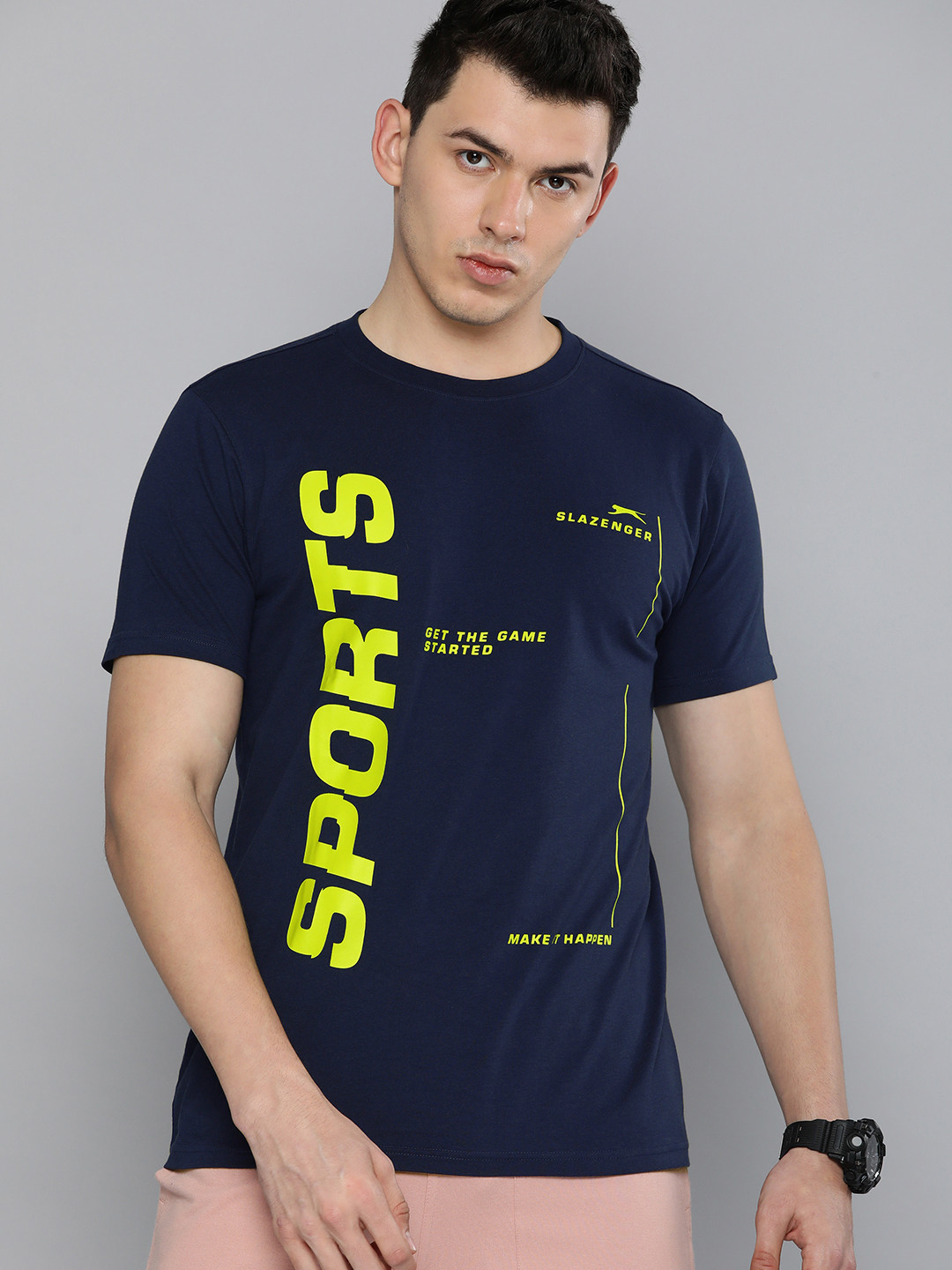 

Slazenger Men Navy Blue Typography Printed Bio-Wash Pure Cotton T-shirt