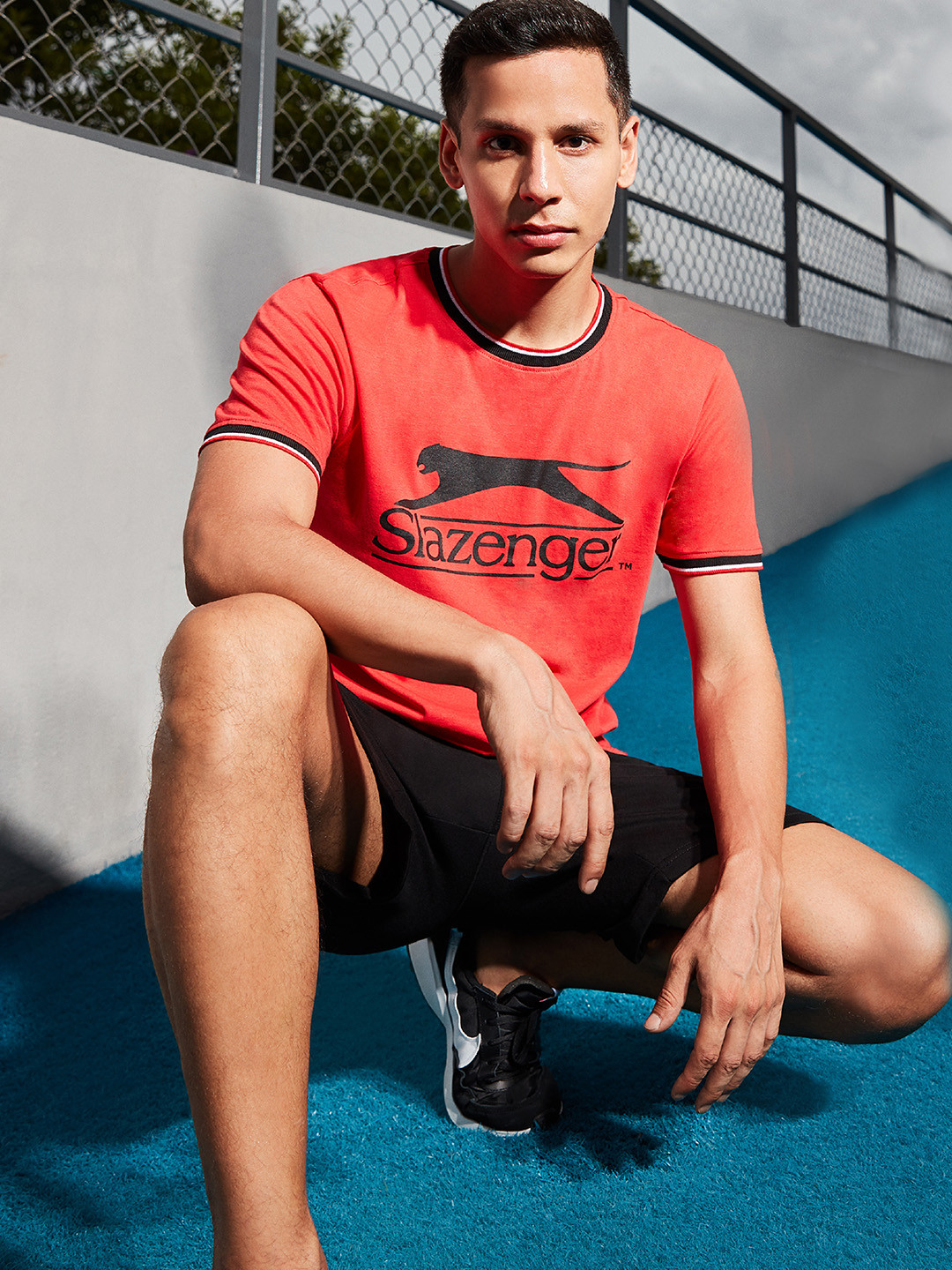 

Slazenger Men Red Brand Logo Printed Pure Cotton Bio-Wash T-shirt