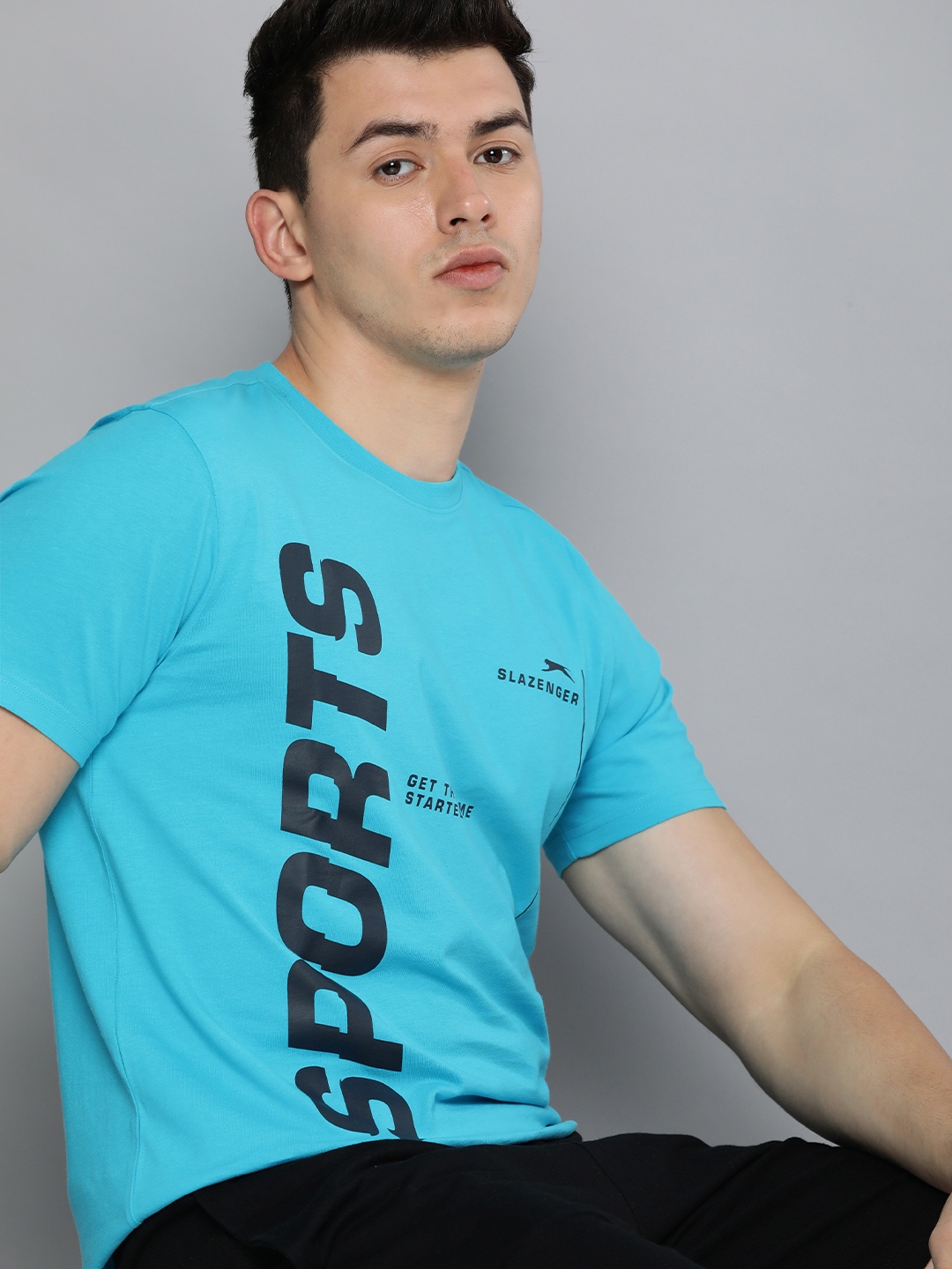 

Slazenger Men Turquoise Blue Typography Printed Bio-Wash Pure Cotton T-shirt