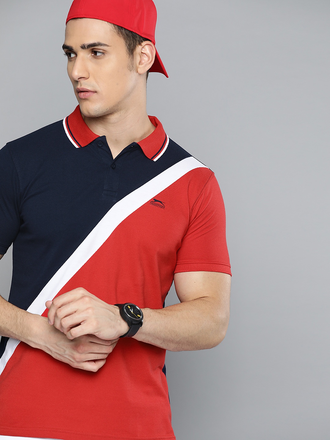

Slazenger Men Navy Blue & Red Colorblocked Polo Collar T-shirt