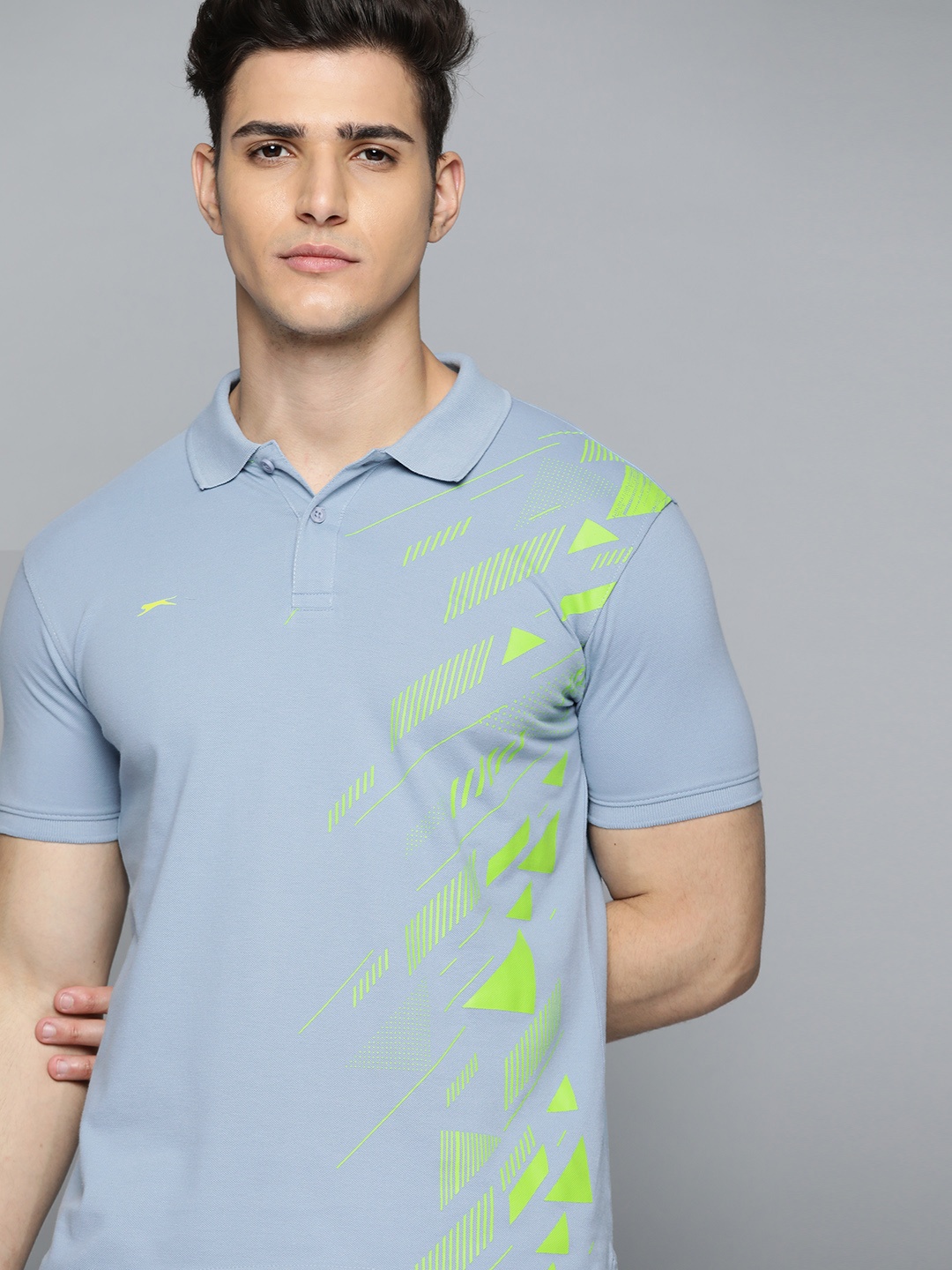 

Slazenger Men Grey and Mint Green Geometric Print Polo Collar Bio-Wash T-shirt