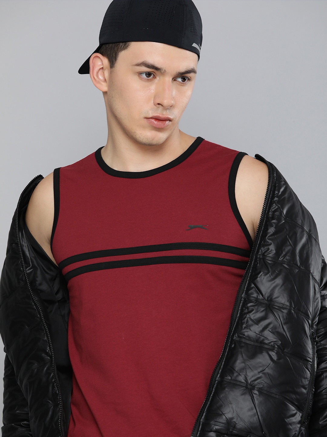 

Slazenger Men Maroon & Black Colourblocked Sleeveless Casual Bio-Wash T-shirt