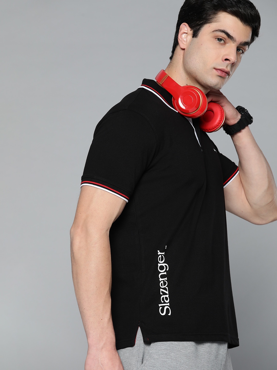 

Slazenger Men Black Polo Collar Bio-Wash T-shirt