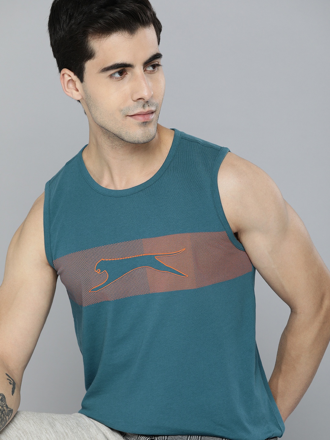 

Slazenger Men Teal Blue Brand Logo Printed Pure Cotton T-shirt