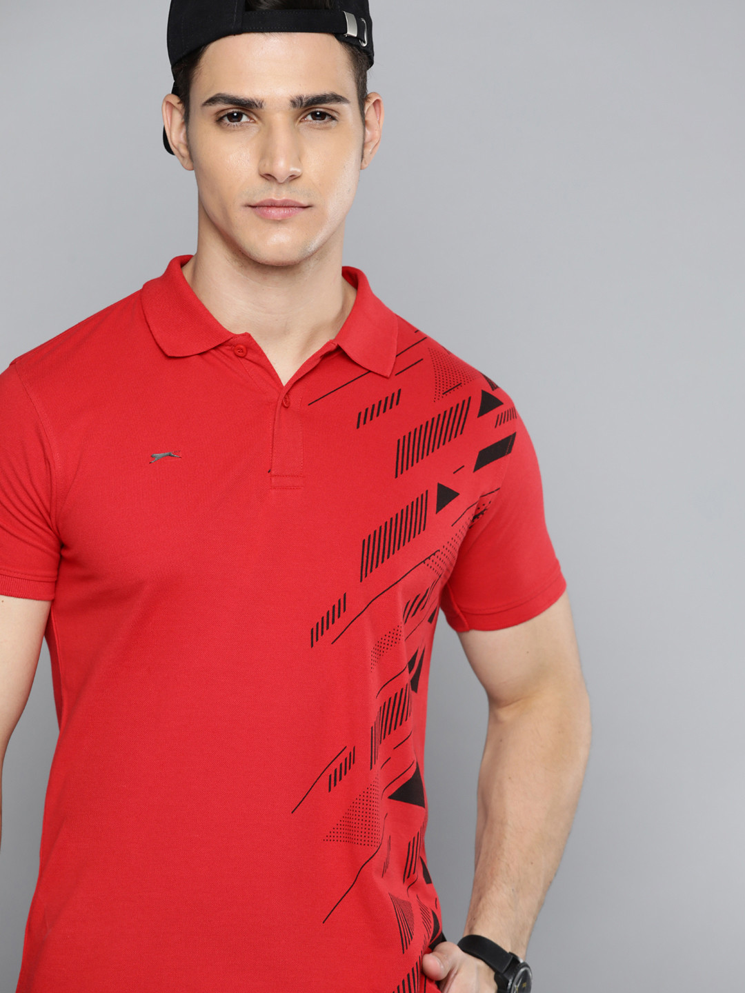 

Slazenger Men Red & Black Geometric Print Polo Collar Bio-Wash T-shirt