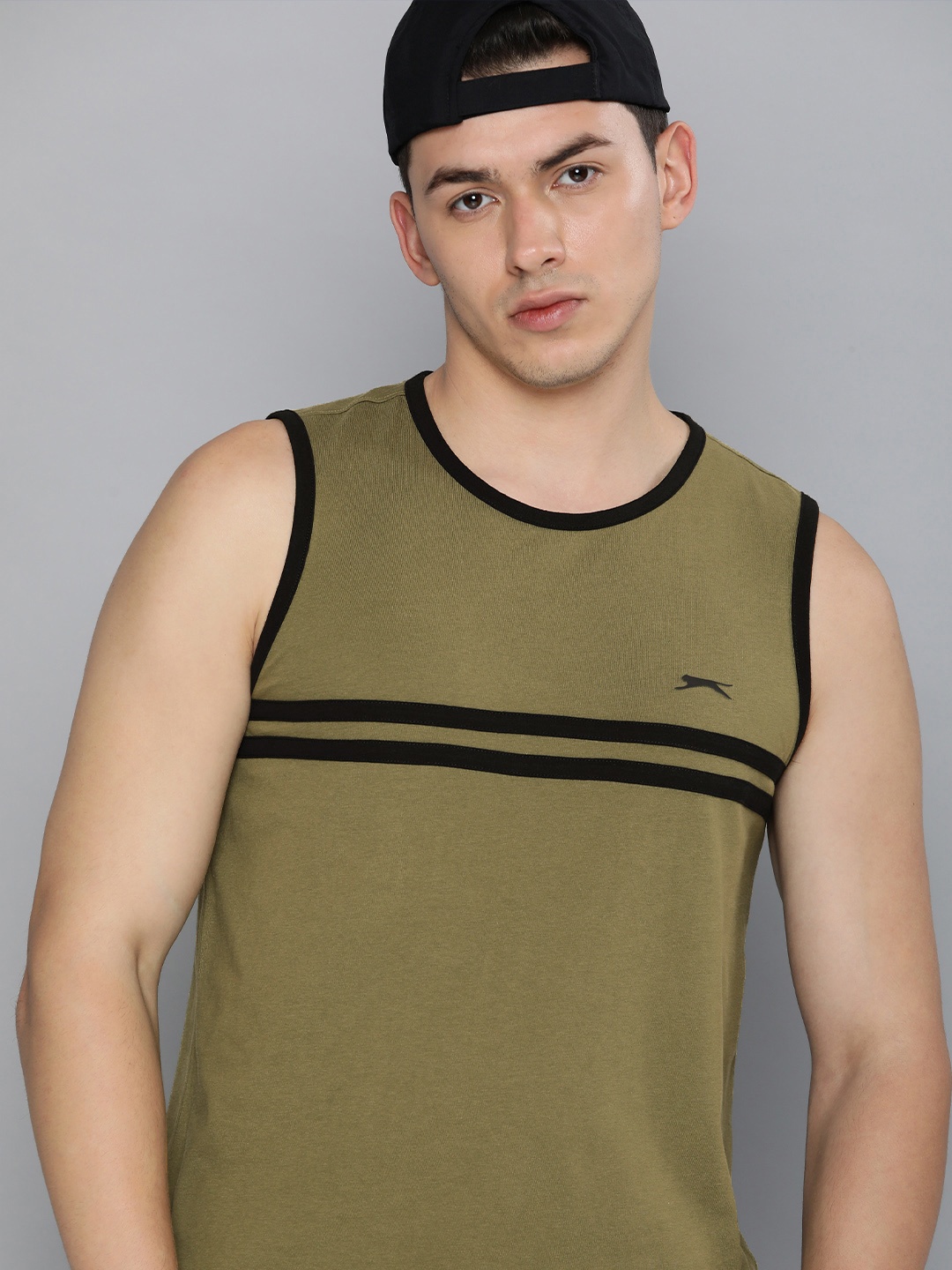 

Slazenger Men Olive Green & Black Colourblocked Sleeveless Casual Bio-Wash T-shirt