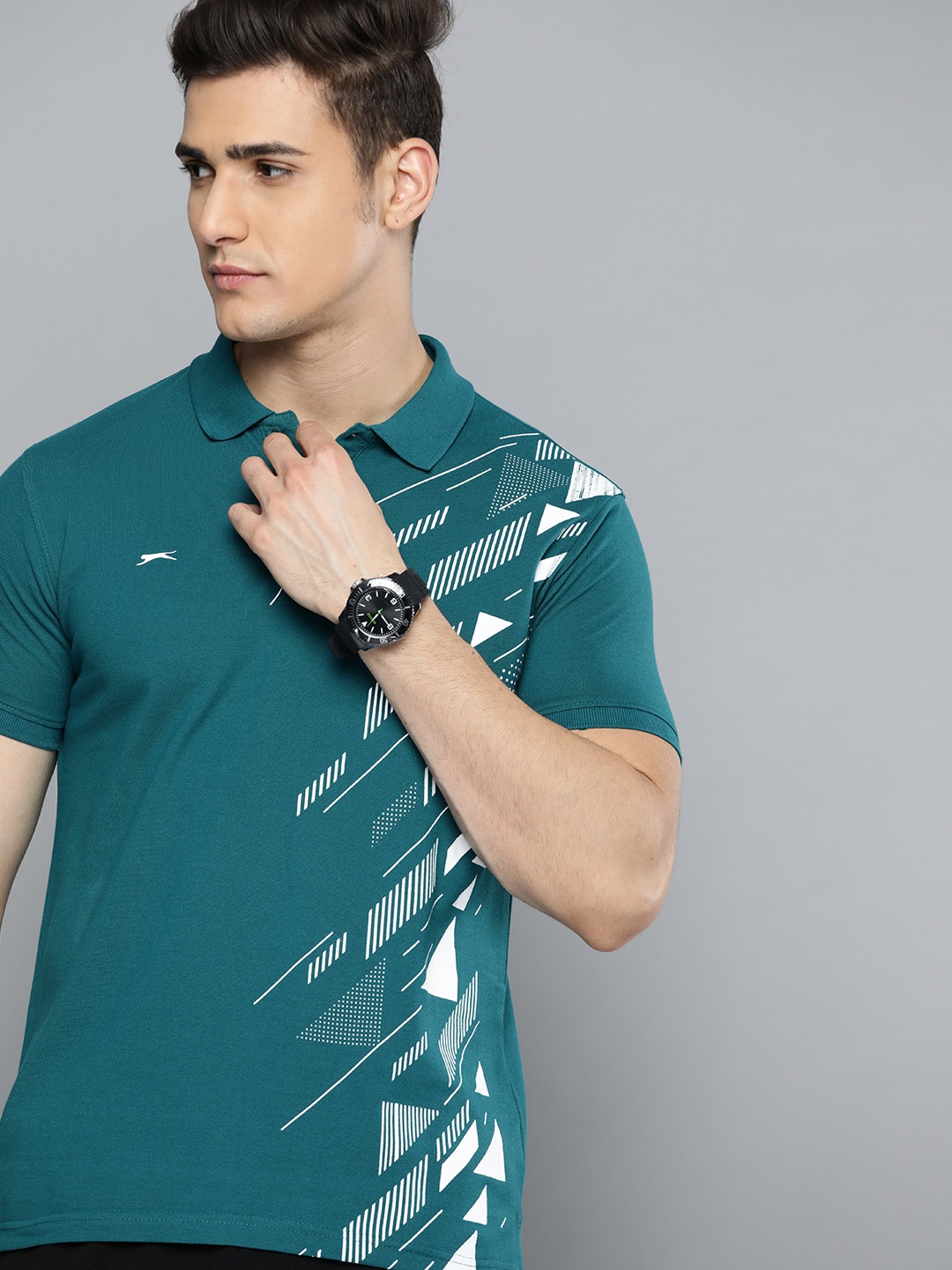 

Slazenger Men Green and White Geometric Print Polo Collar Bio-Wash T-shirt