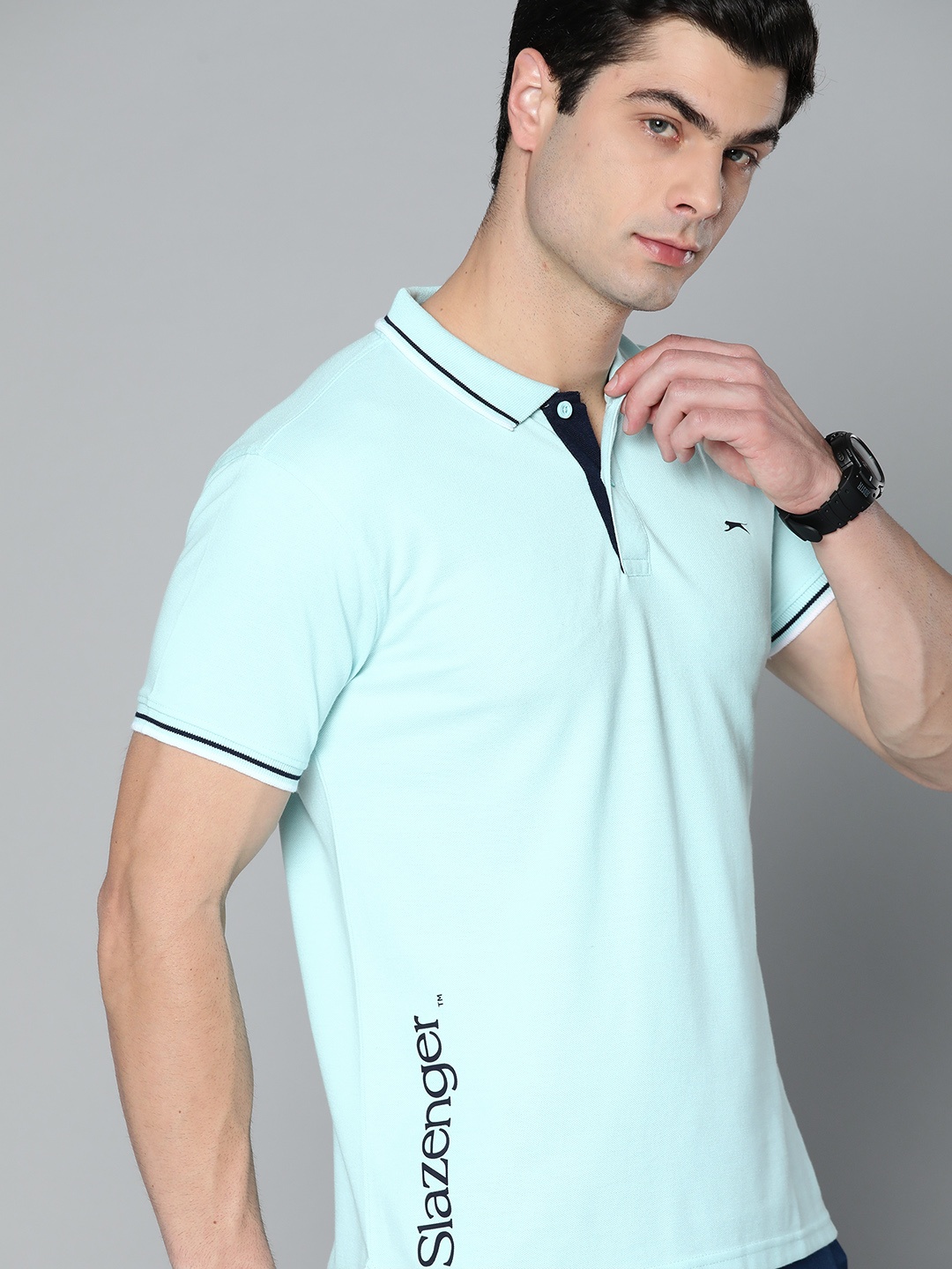 

Slazenger Men Blue Solid Polo Collar Bio-Wash T-shirt