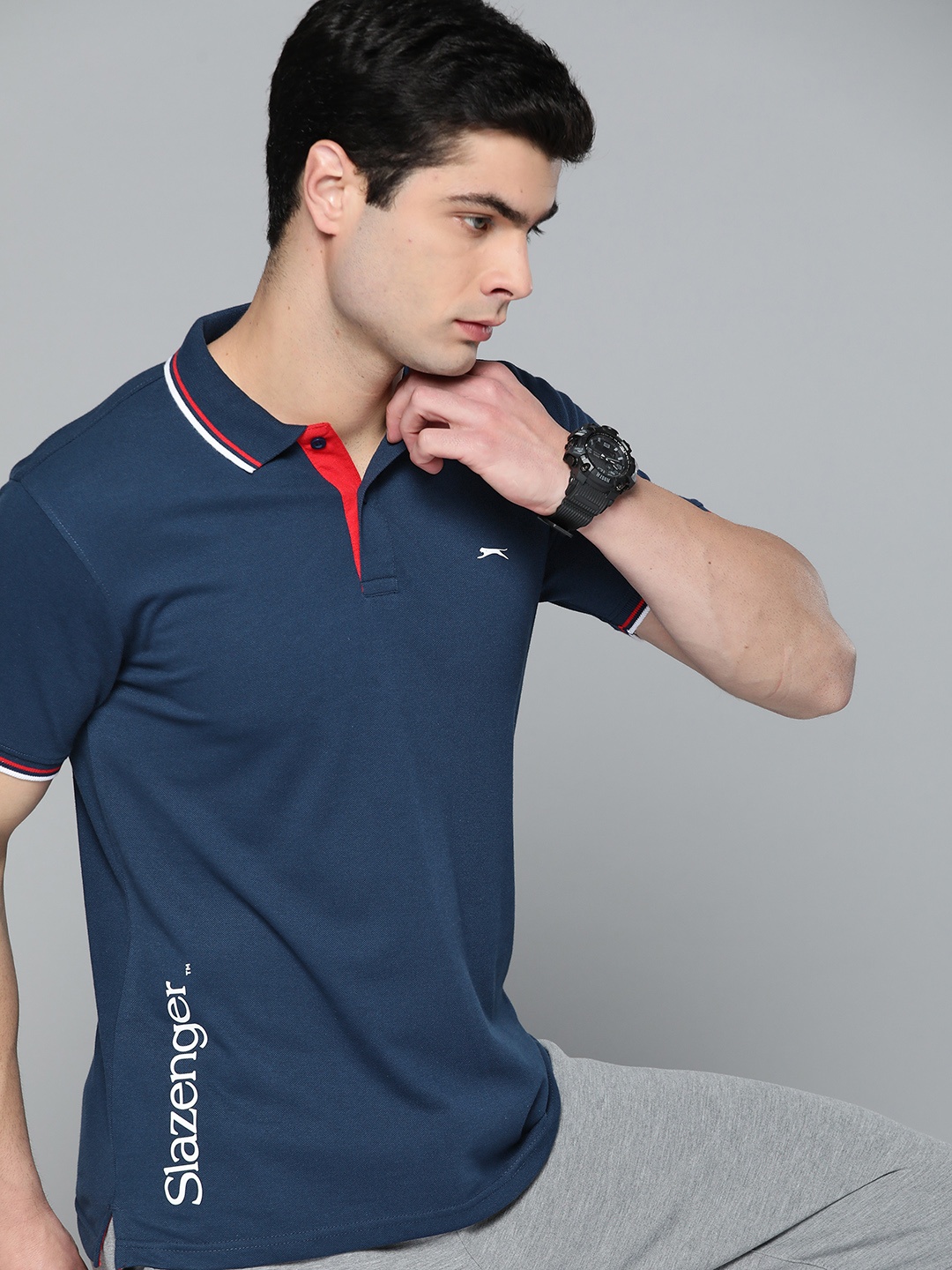 

Slazenger Men Navy Blue Polo Collar Bio-Wash T-shirt