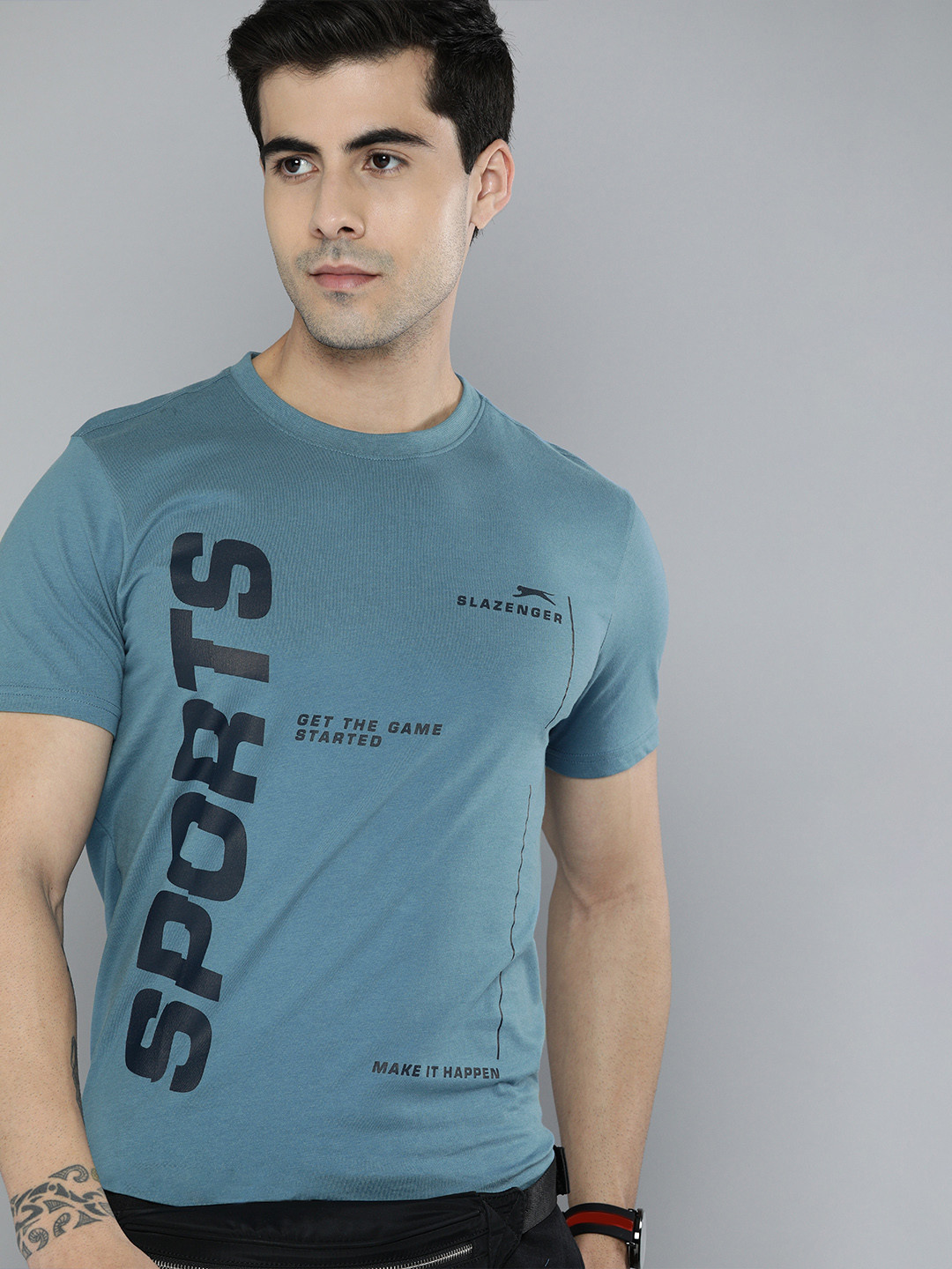

Slazenger Men Blue & Black Typography Printed Pure Cotton T-shirt