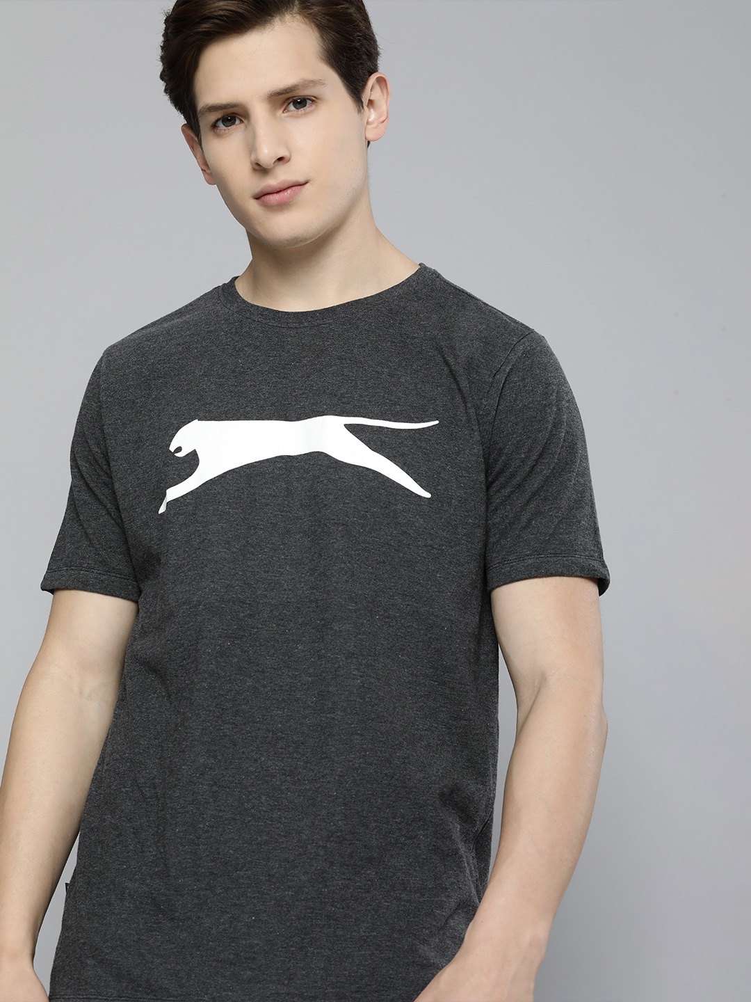 

Slazenger Men Charcoal Grey Brand Logo Printed Bio-Wash T-shirt