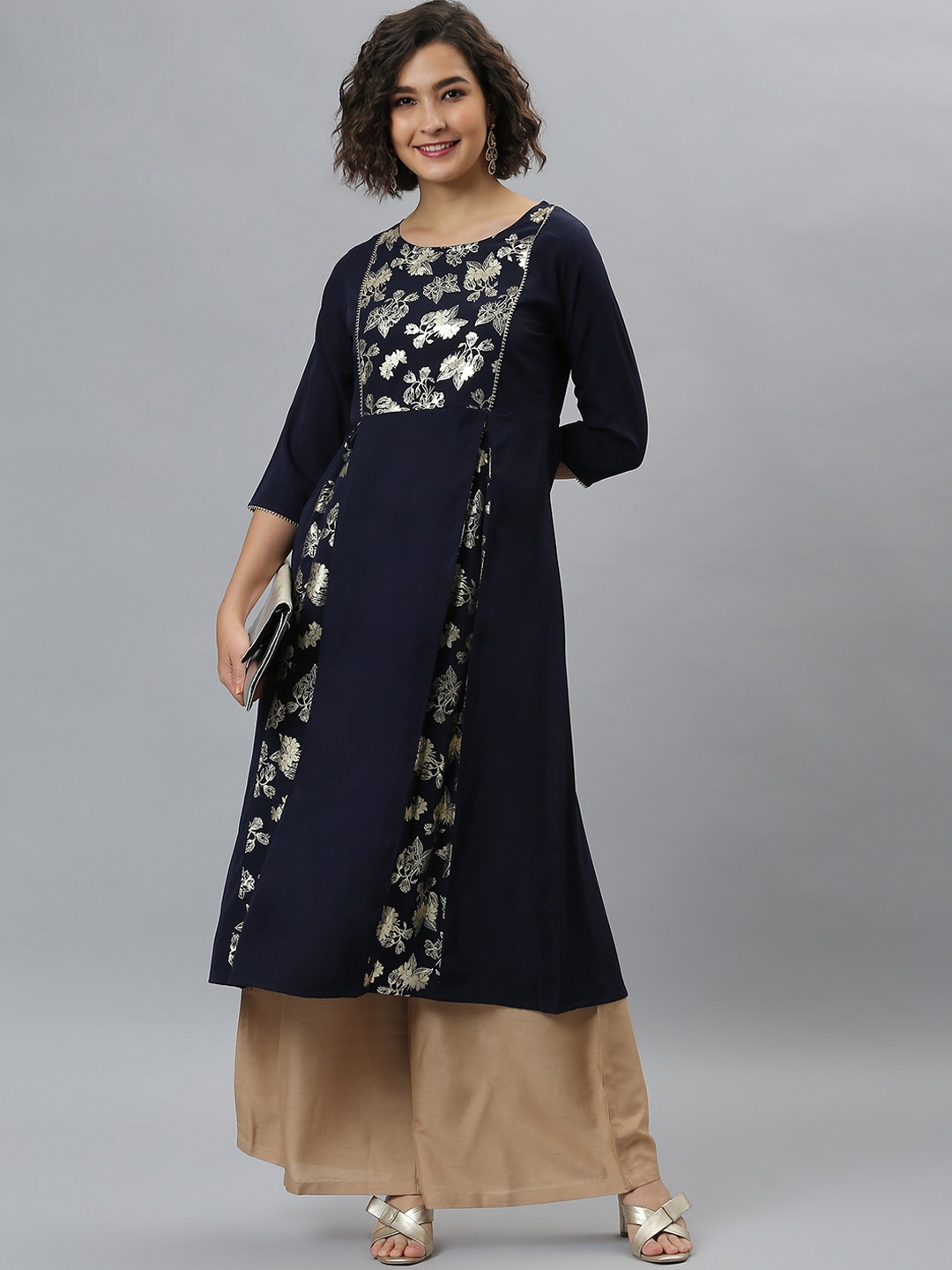 

Janasya Women Navy Blue Floral Printed Gotta Patti Crepe A-Line Kurta