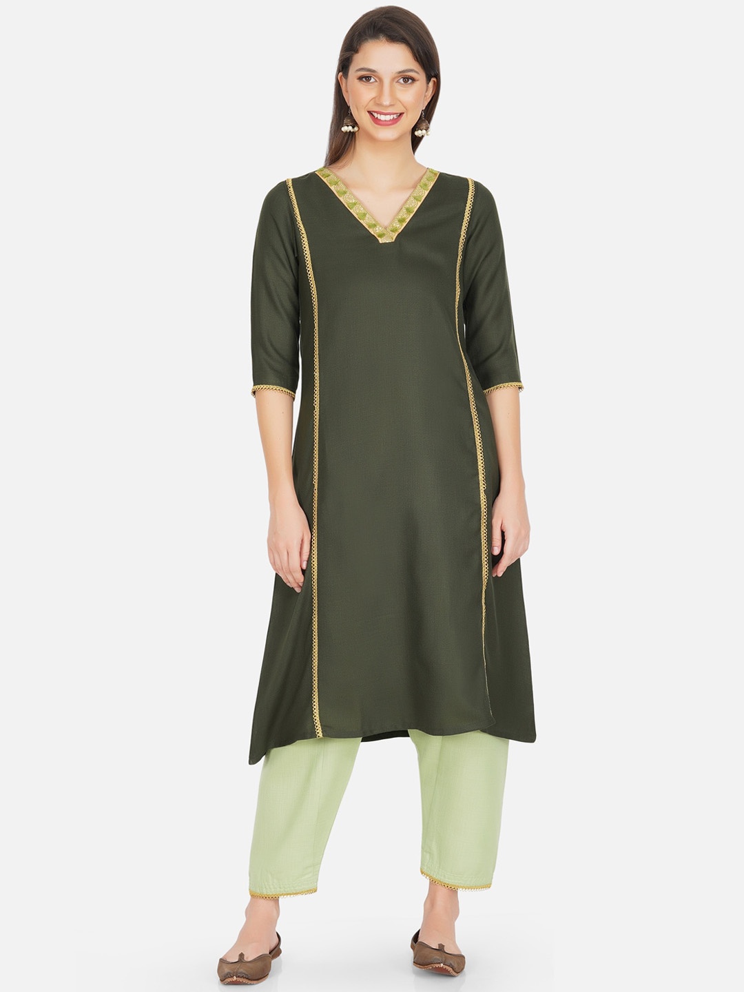 

FABNEST Women Green Regular Gotta Patti Kurti with Trousers
