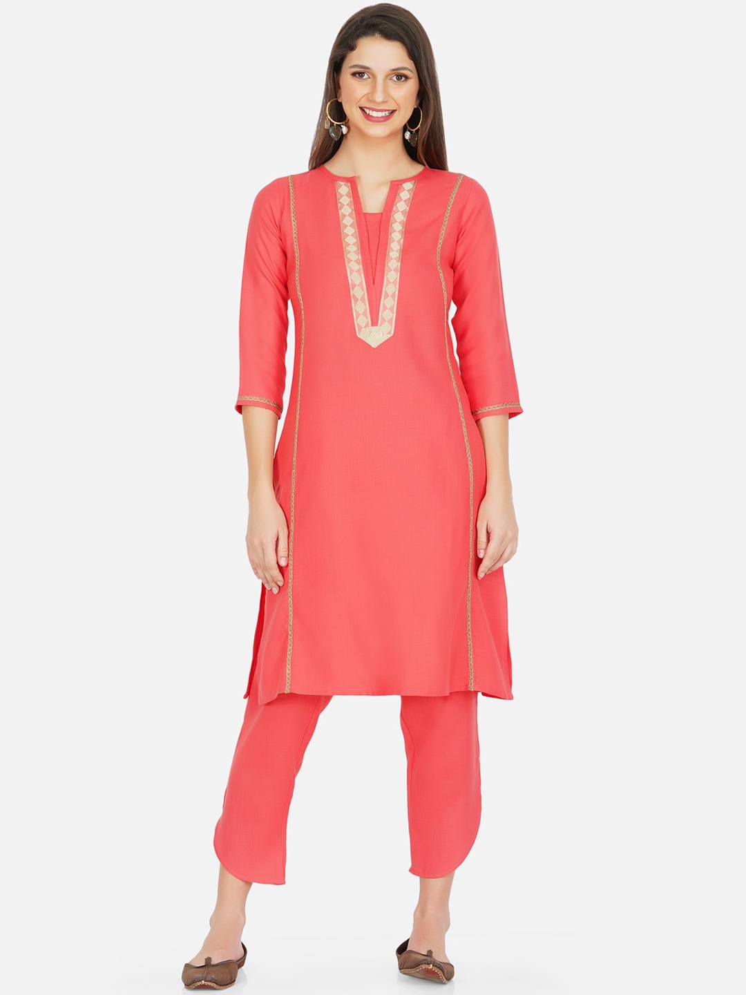 

FABNEST Women Pink Regular Gotta Patti Kurti with Trousers