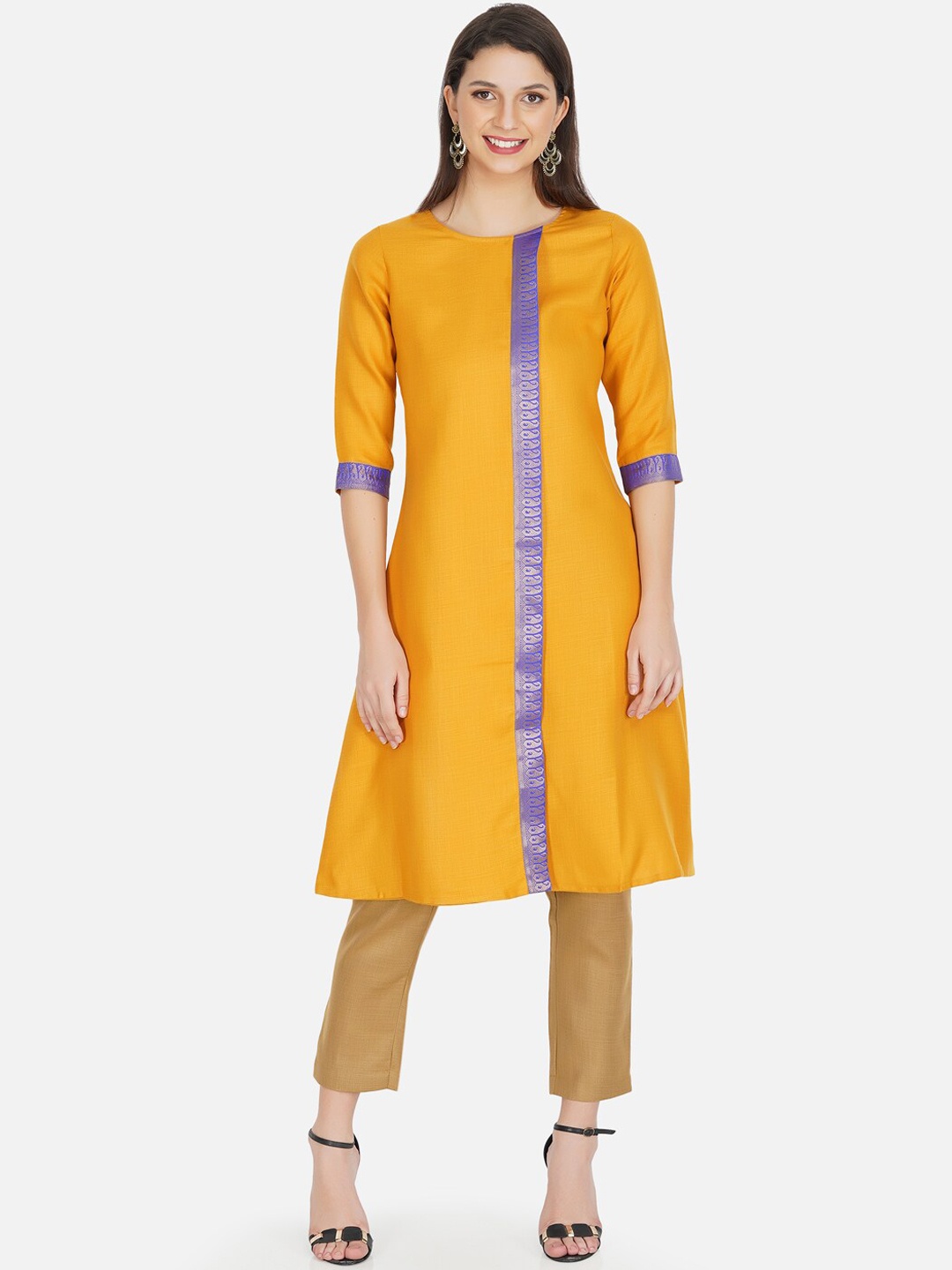 

FABNEST Women Mustard Yellow Pleated Kurta with Trousers