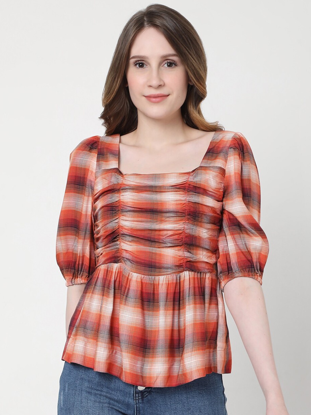 

Vero Moda Orange & Beige Checked Regular Top