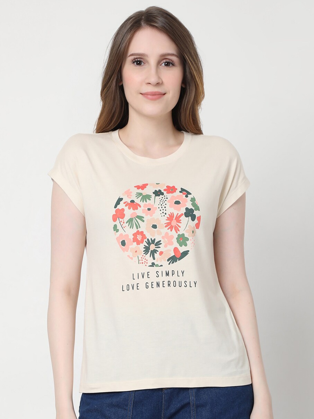 

Vero Moda Women Beige Floral Printed Cotton T-shirt