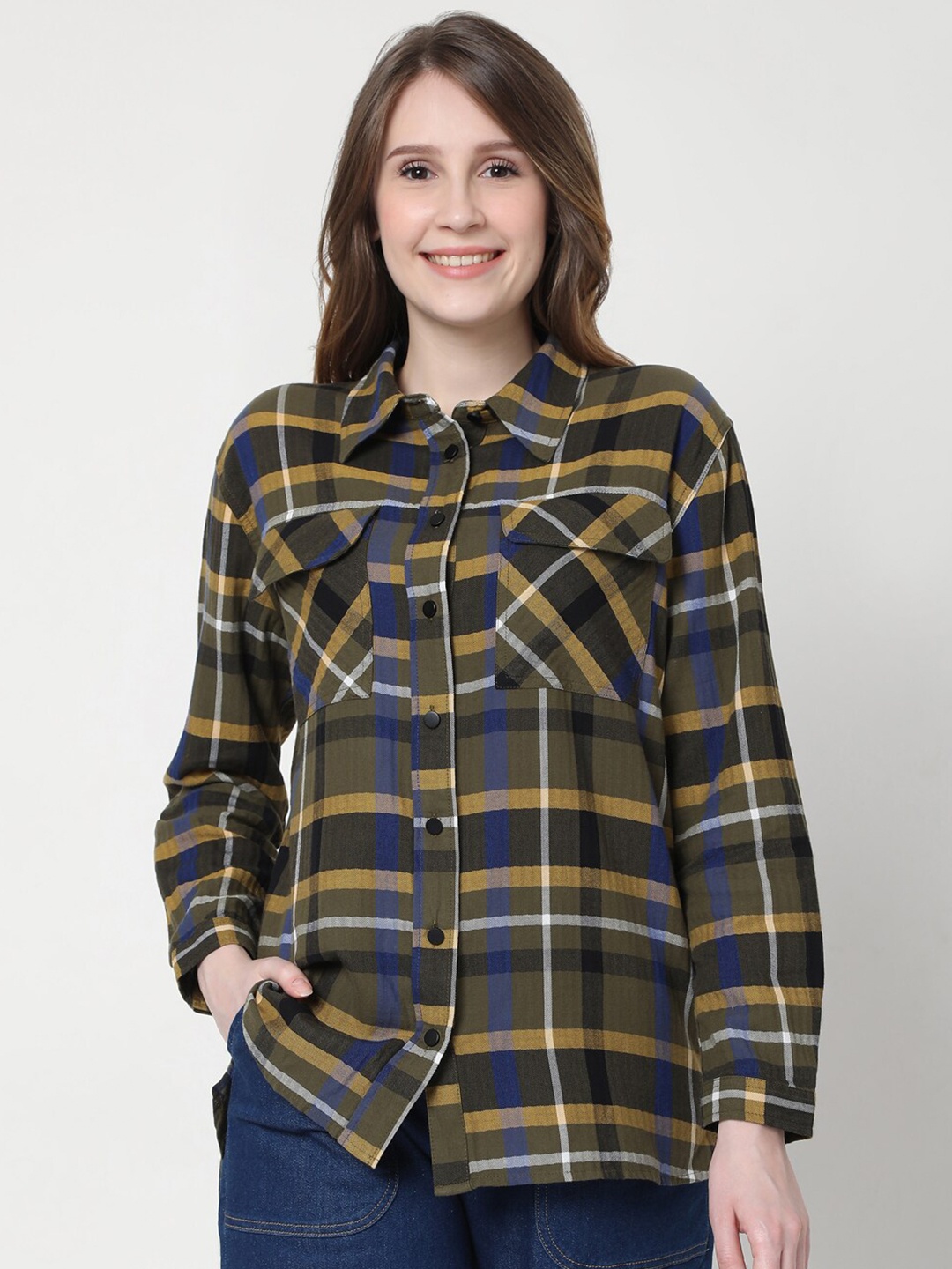 

Vero Moda Women Cotton Olive Green Tartan Checks Casual Shirt