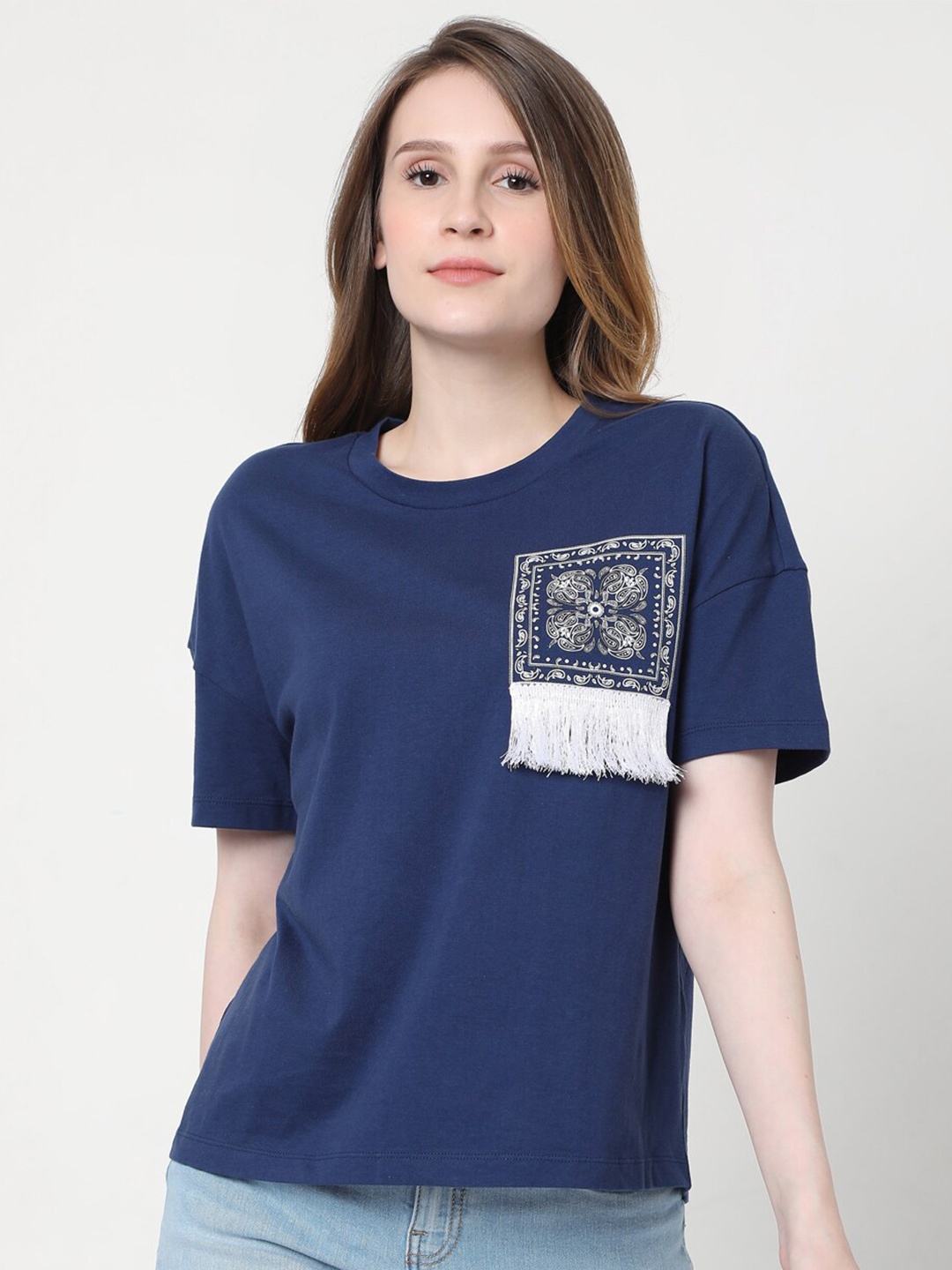 

Vero Moda Women Navy Blue & White Drop-Shoulder Sleeves Pockets T-shirt