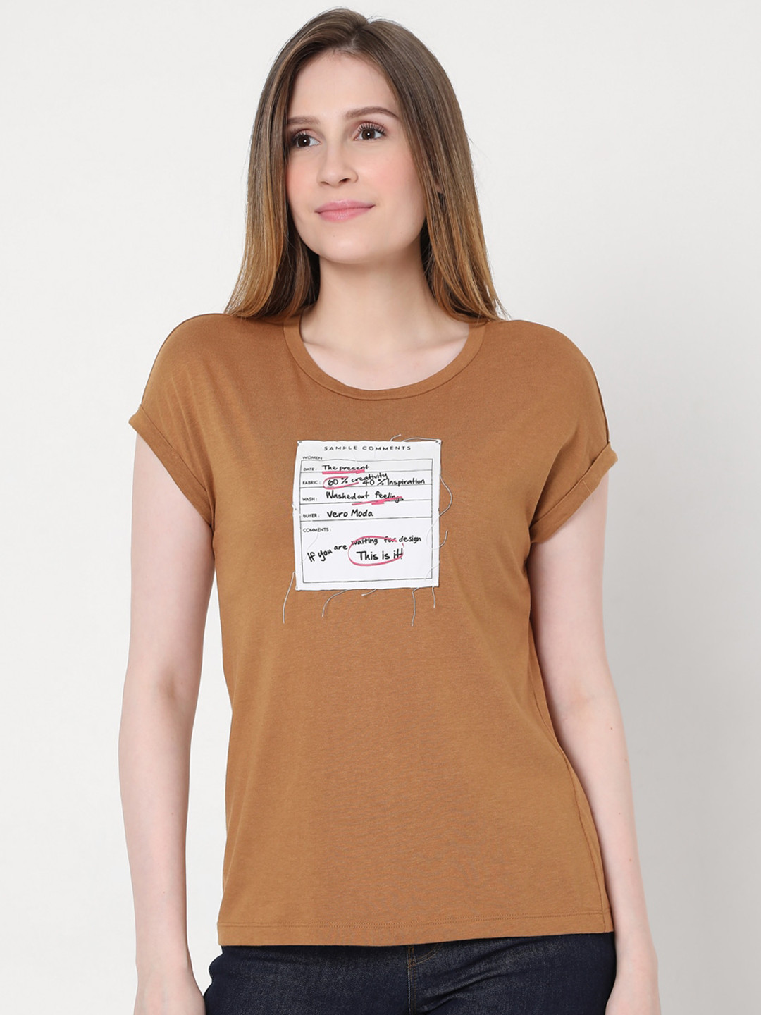 

Vero Moda Women Brown Typography Printed Applique T-shirt