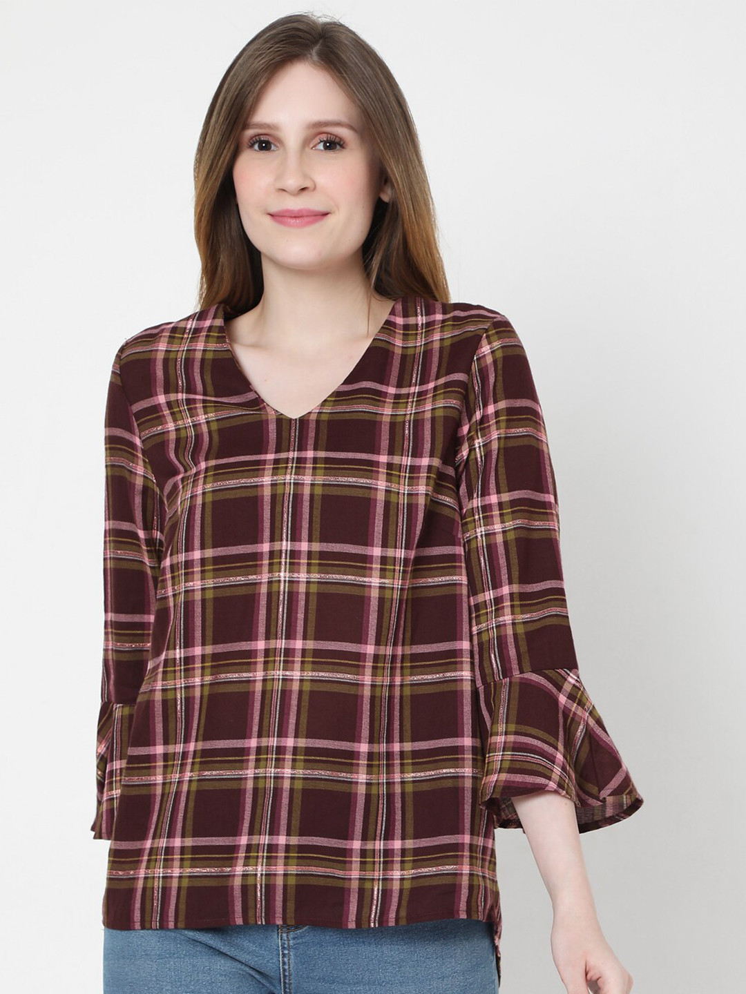 

Vero Moda Maroon & Beige Checked Regular Top