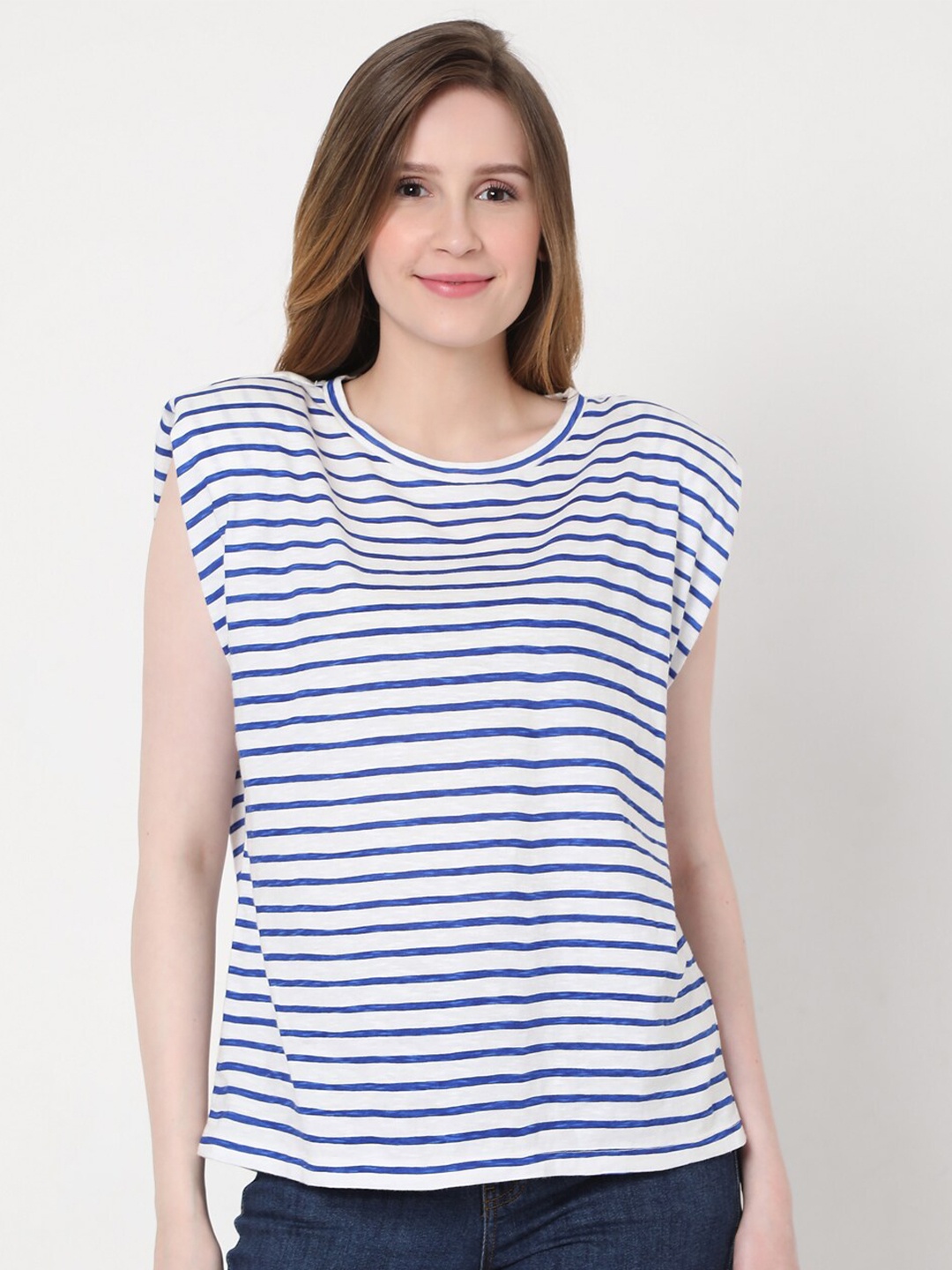 

Vero Moda Women Blue & White Striped Round Neck T-shirt