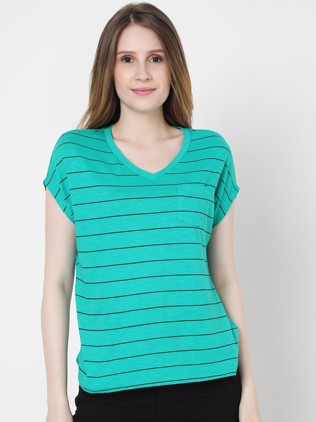 

Vero Moda Women Green Cotton Striped V-Neck Extended Sleeves T-shirt