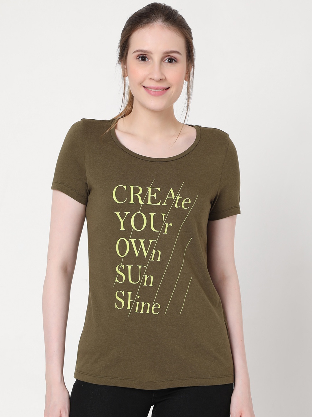

Vero Moda Women Olive Green Typography Printed T-shirt