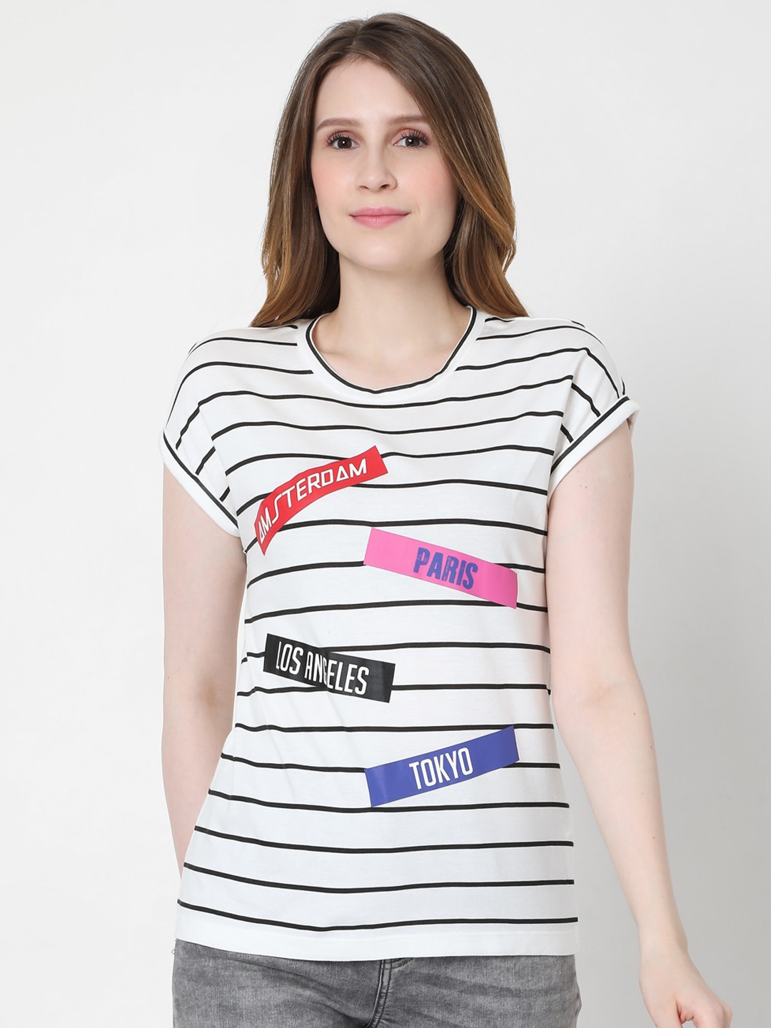 

Vero Moda Women White Striped Extended Sleeves T-shirt