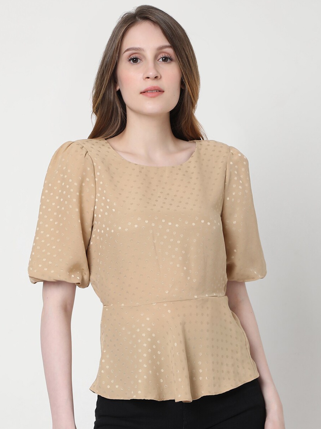 

Vero Moda Camel Brown Printed Peplum Top