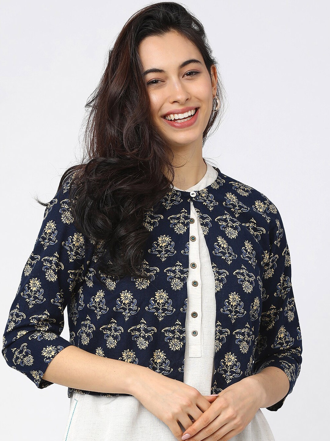 

Vishudh Women Navy Blue Beige Floral Crop Jacket