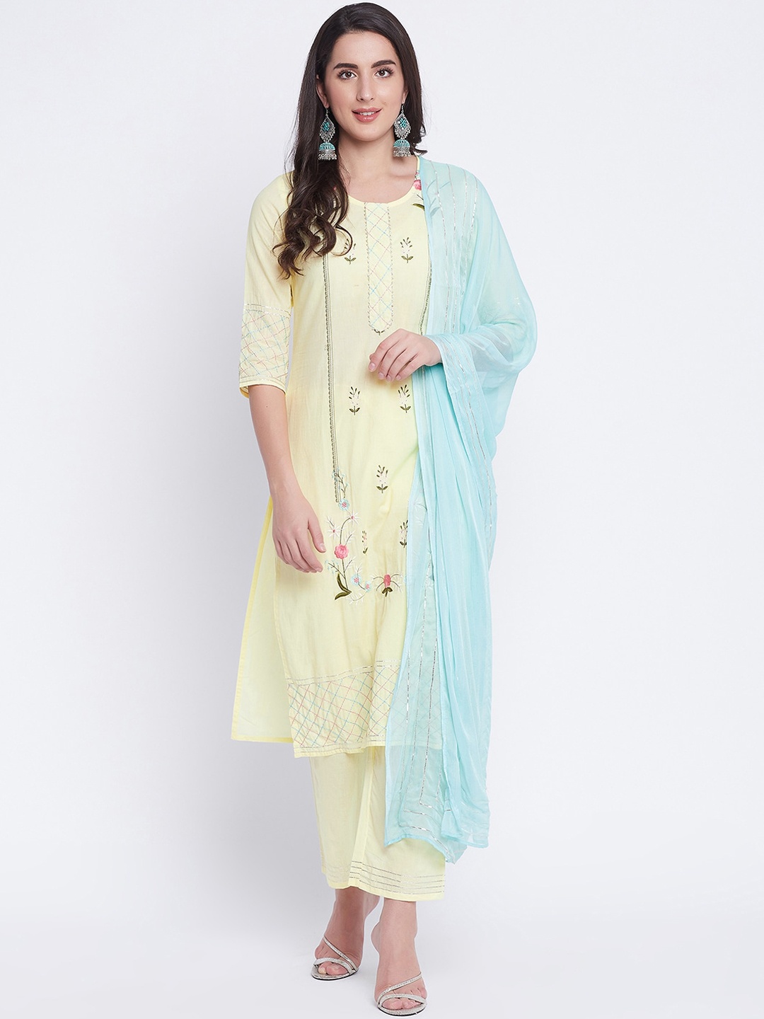 

Prakhya Women Yellow Floral Embroidered Regular Kurti with Trousers & With Dupatta