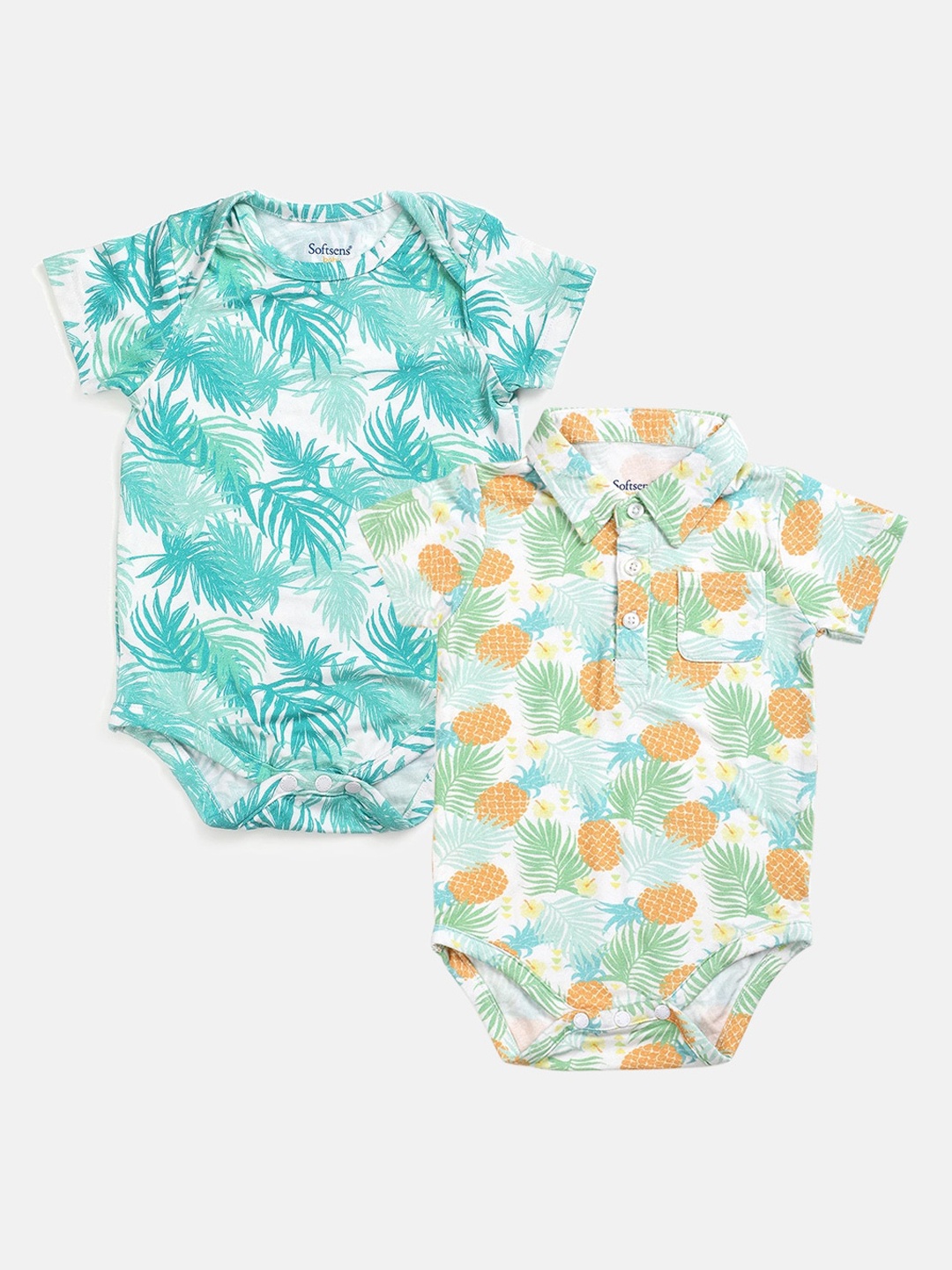

Softsens Kids Pack Of 2 Blue & White Printed Cotton Bodysuits