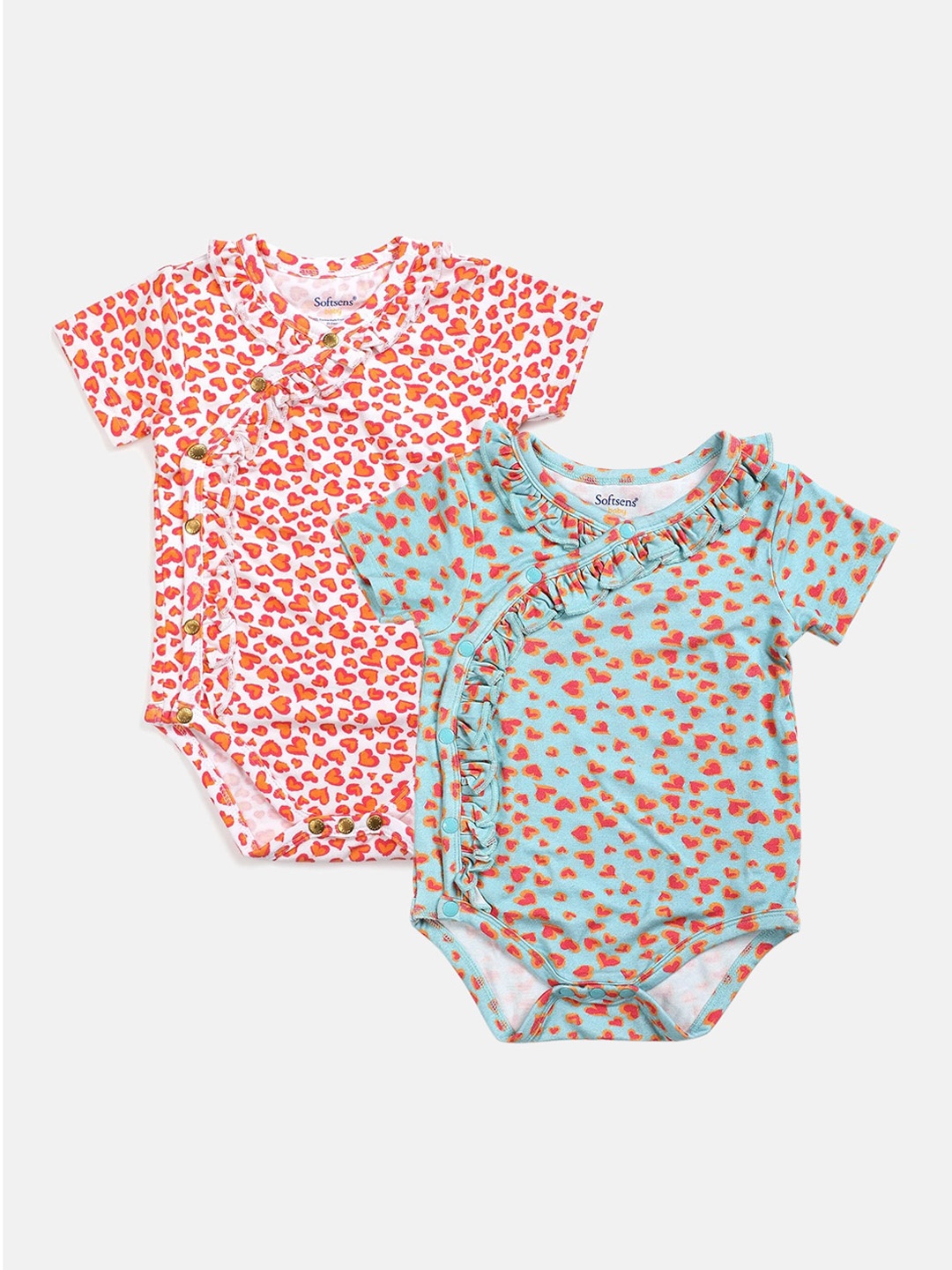 

Softsens Pack of 2 Infants Kids Orange & Blue Printed Bodysuits