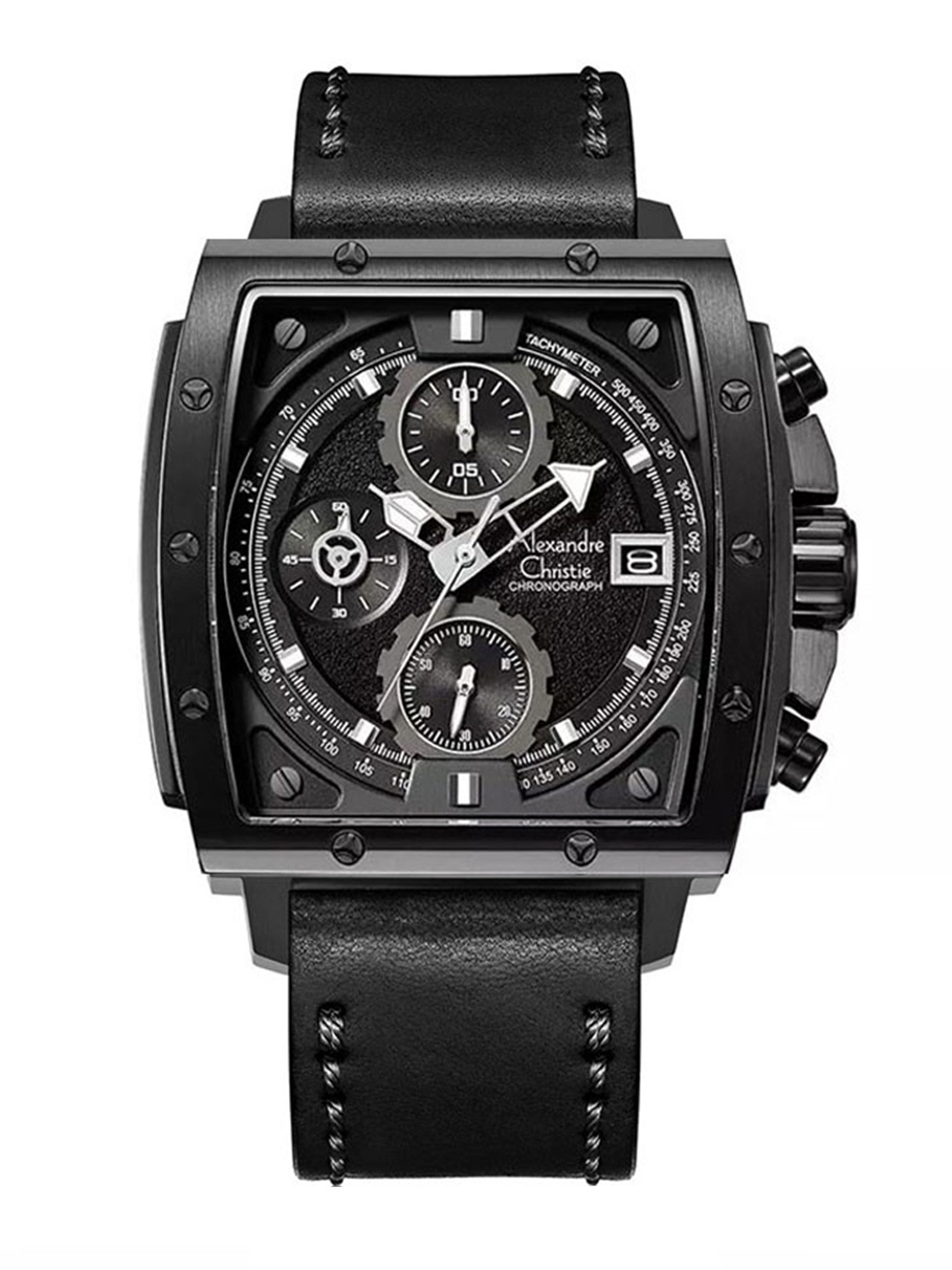 

Alexandre Christie Men Black Dial & Black Leather Bracelet Style Straps Analogue Tachymeter Watch