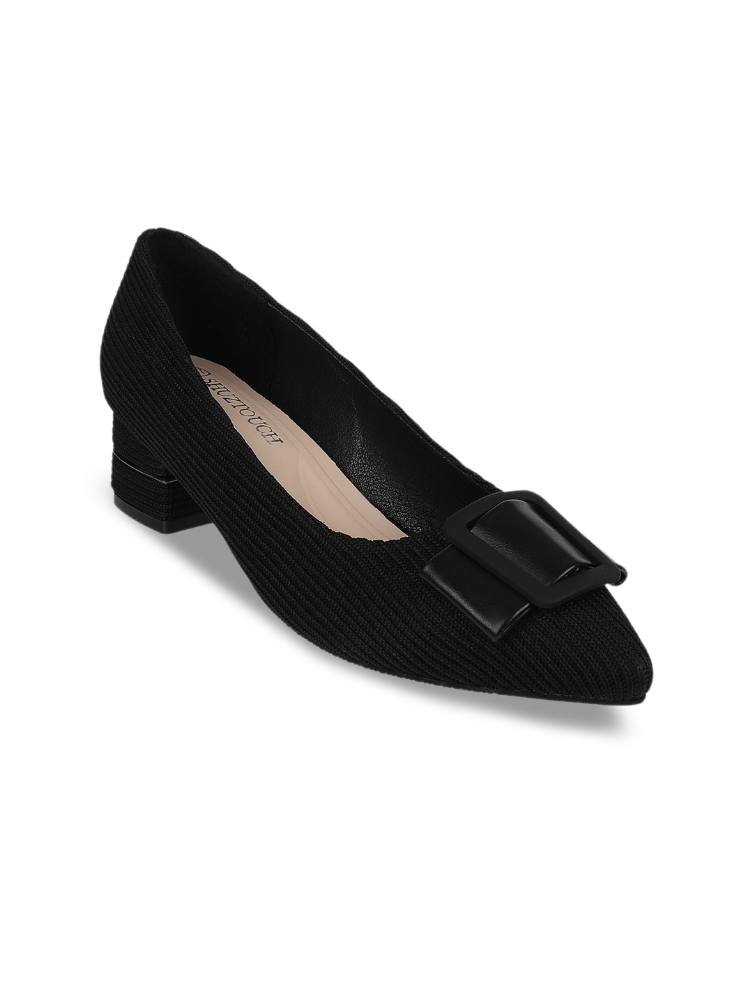 

SHUZ TOUCH Black Textured Kitten Pumps with Bows
