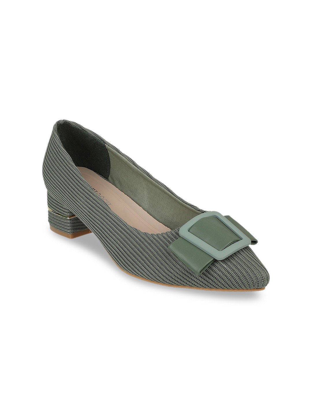 

SHUZ TOUCH Women Green Striped Block Pumps with Buckles