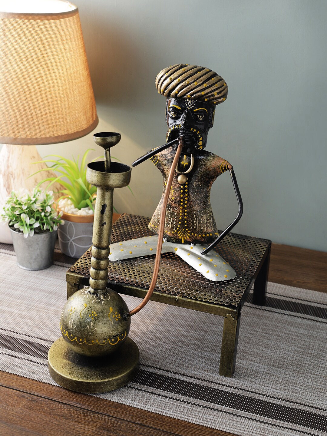 

Aapno Rajasthan Mustard-Yellow & Bronze-Toned Painted Rajasthani Hookah Men Showpiece