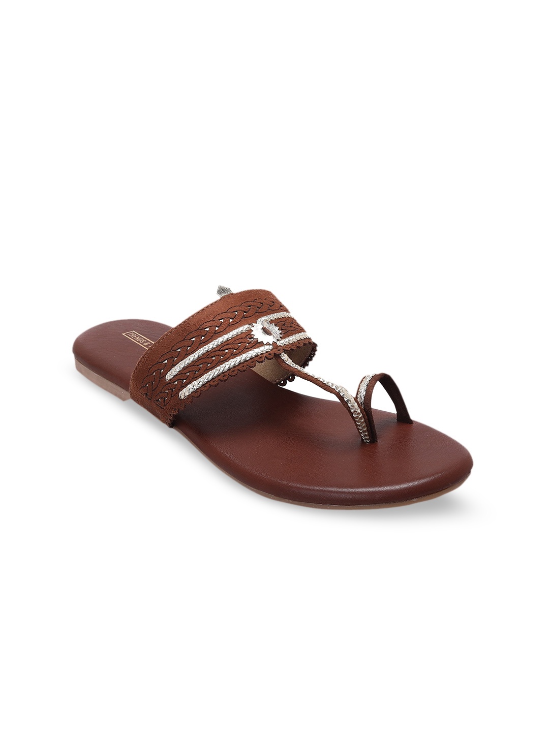 

TRENDS & TRADES Women Brown Embellished Leather Party One Toe Flats