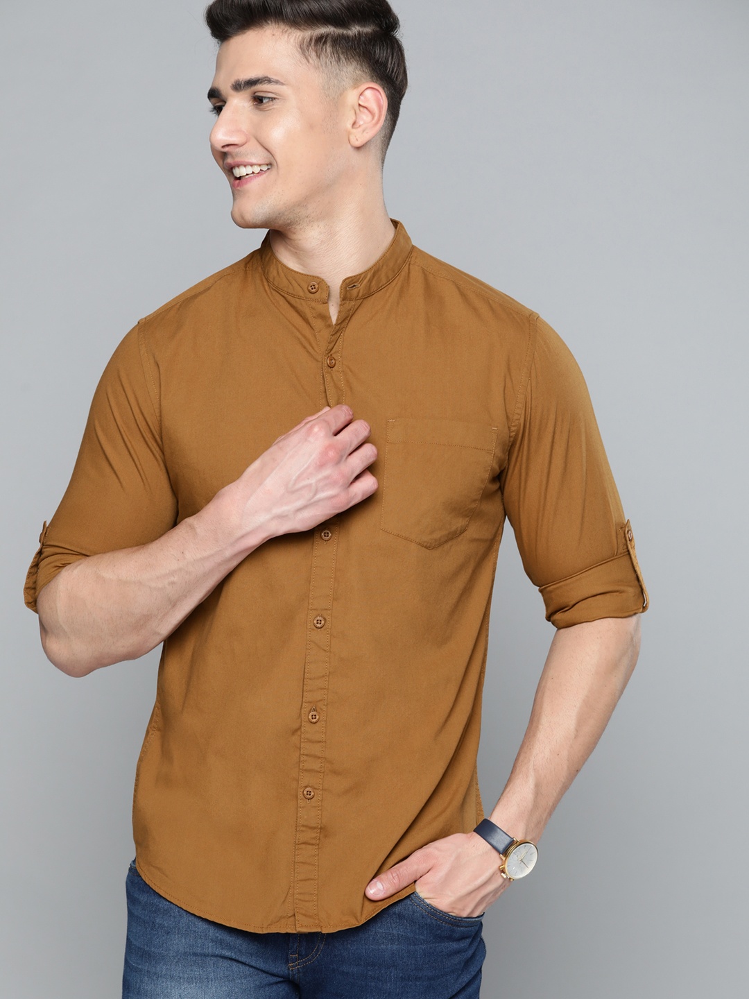 

HERE&NOW Men Brown Solid Pure Cotton Casual Shirt