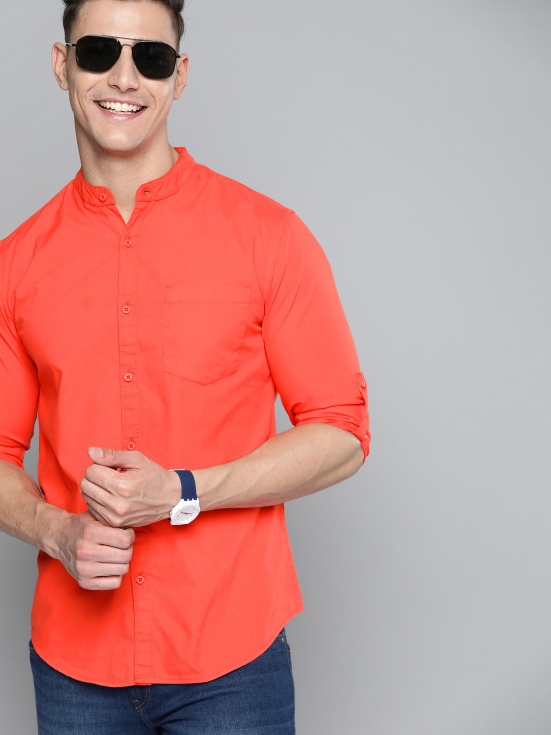 

HERE&NOW Men Coral Orange Solid Pure Cotton Casual Shirt