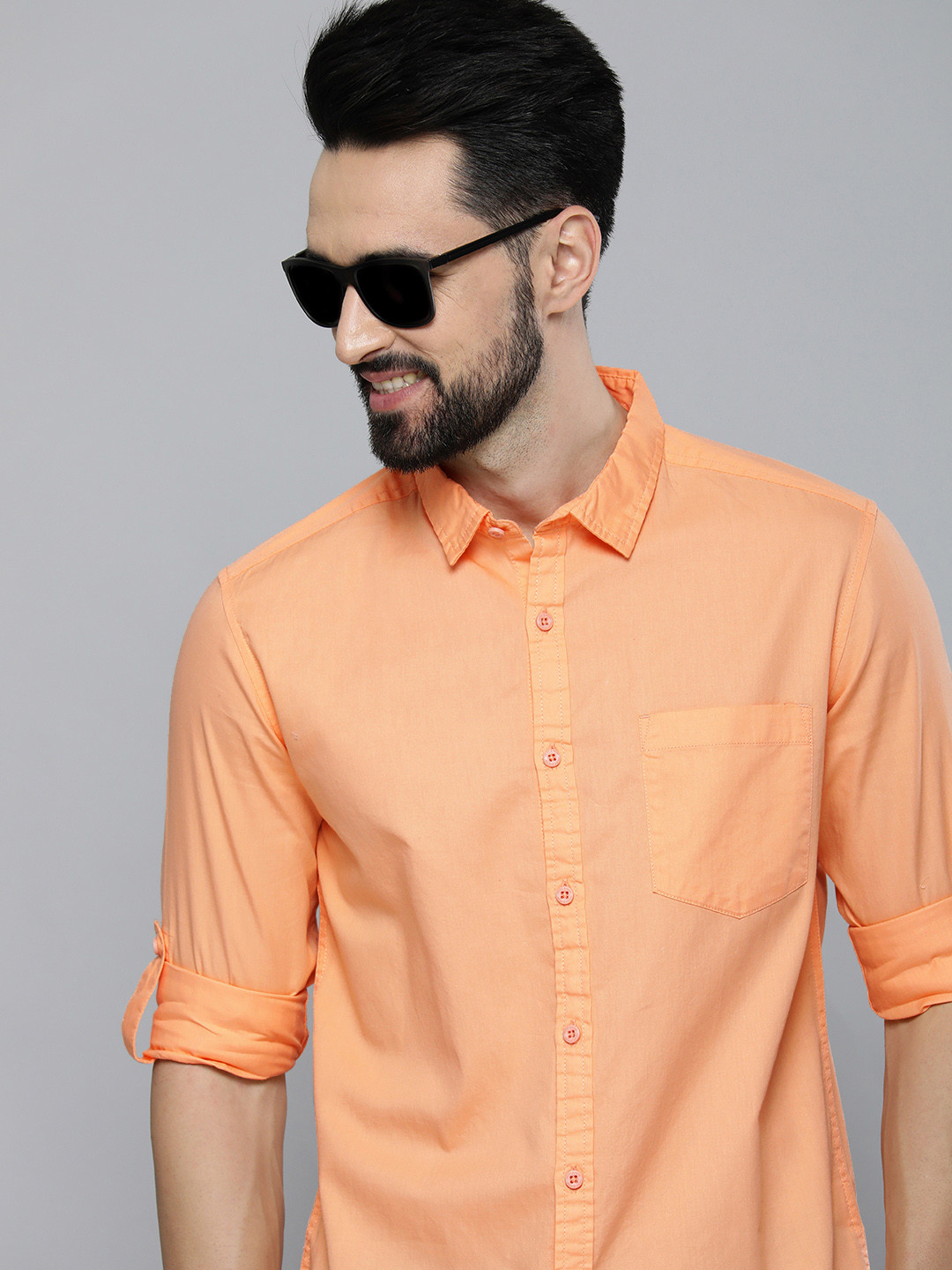 

HERE&NOW Men Coral Orange Solid Casual Cotton Shirt