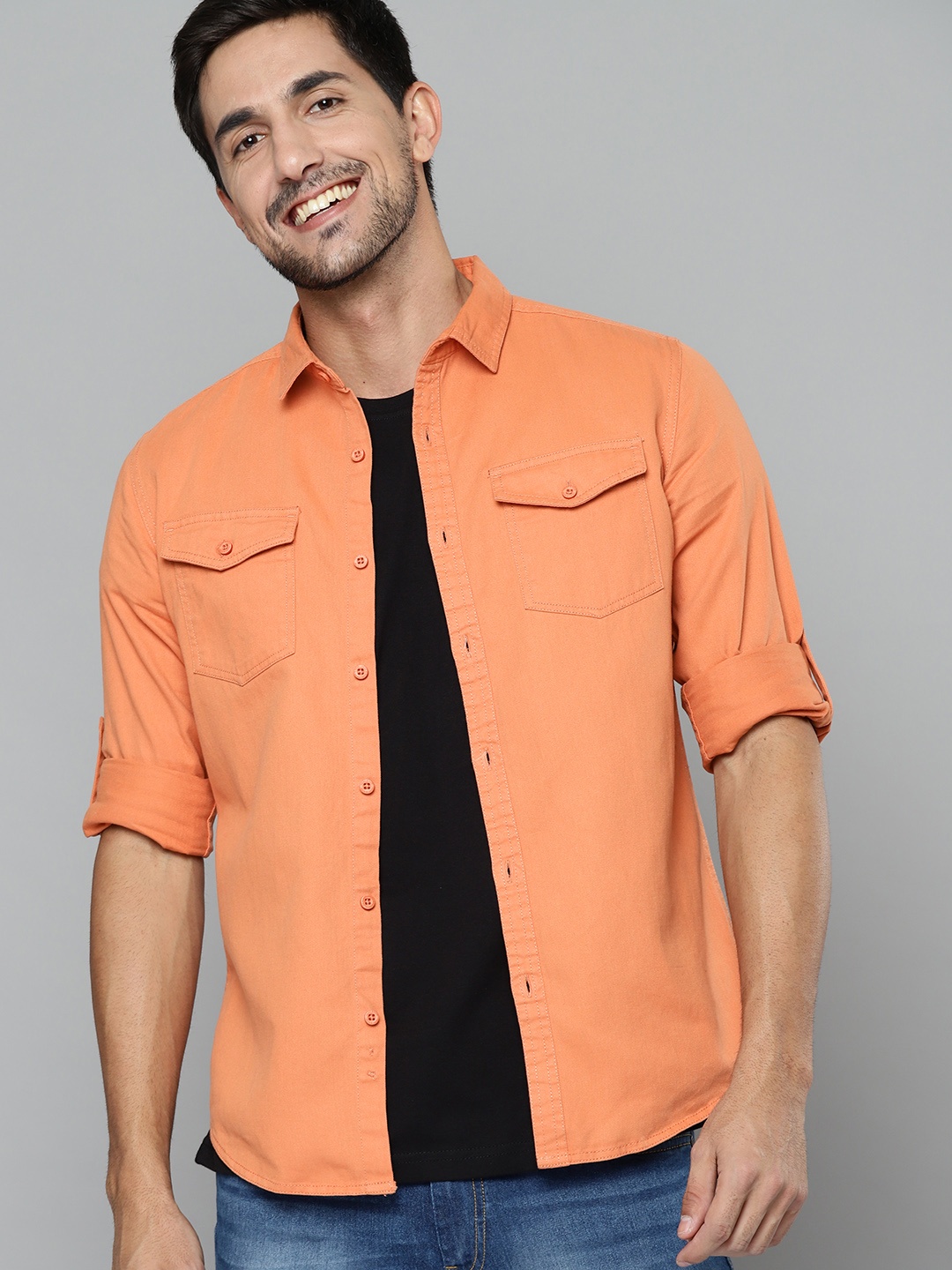 

HERE&NOW Men Orange Pure Cotton Slim Fit Casual Shirt