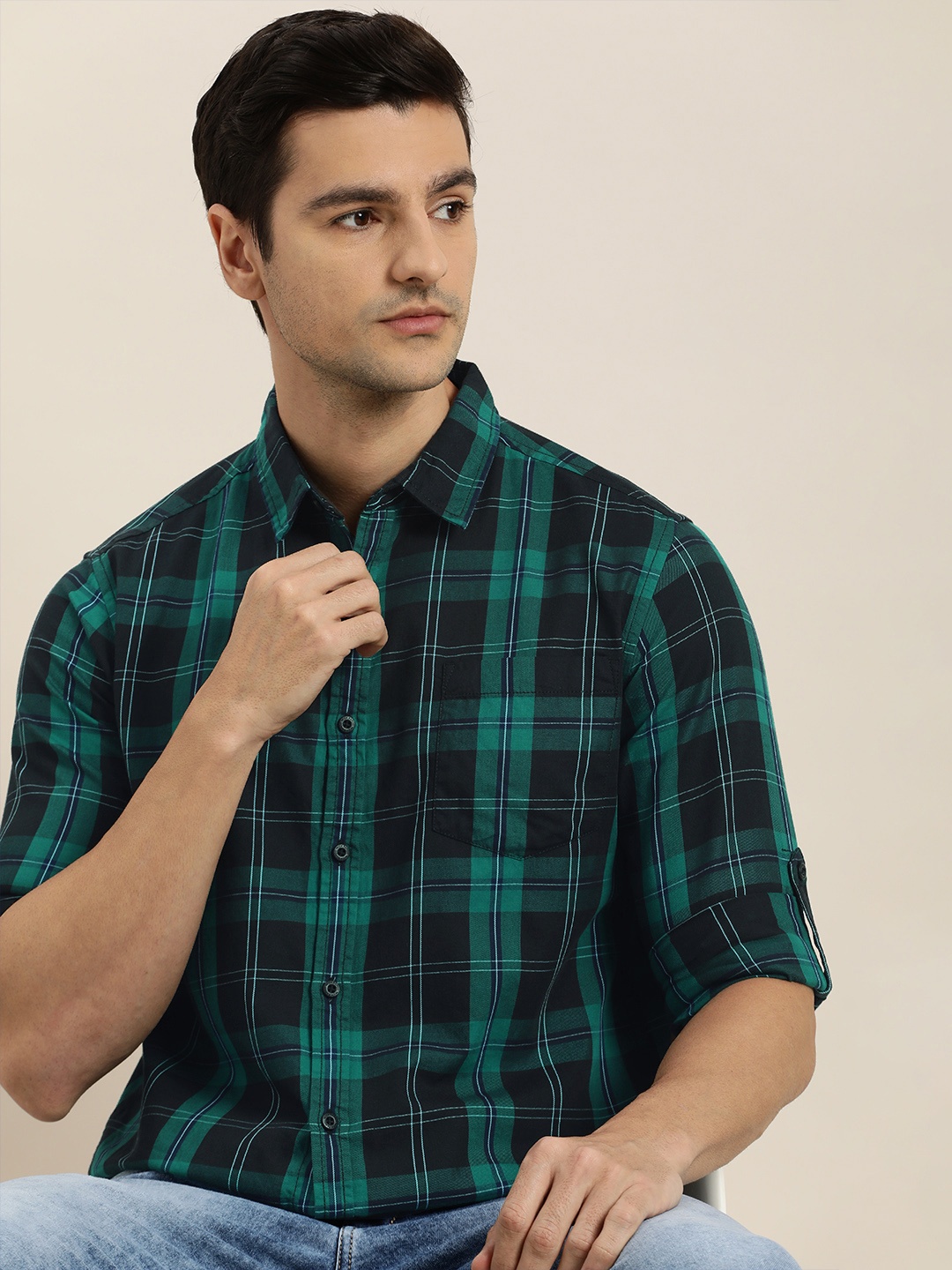 

Moda Rapido Men Teal Green & White Slim Fit Checked Pure Cotton Casual Shirt