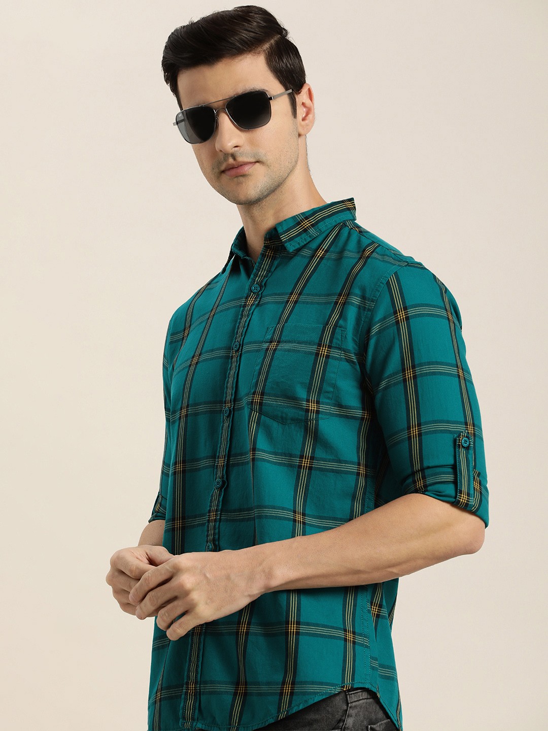 

Moda Rapido Men Teal Blue & Yellow Slim Fit Tartan Checks Pure Cotton Casual Shirt