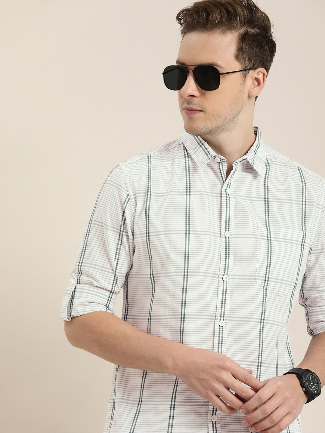 

Moda Rapido Men White & Green Slim Fit Checked Pure Cotton Sustainable Casual Shirt