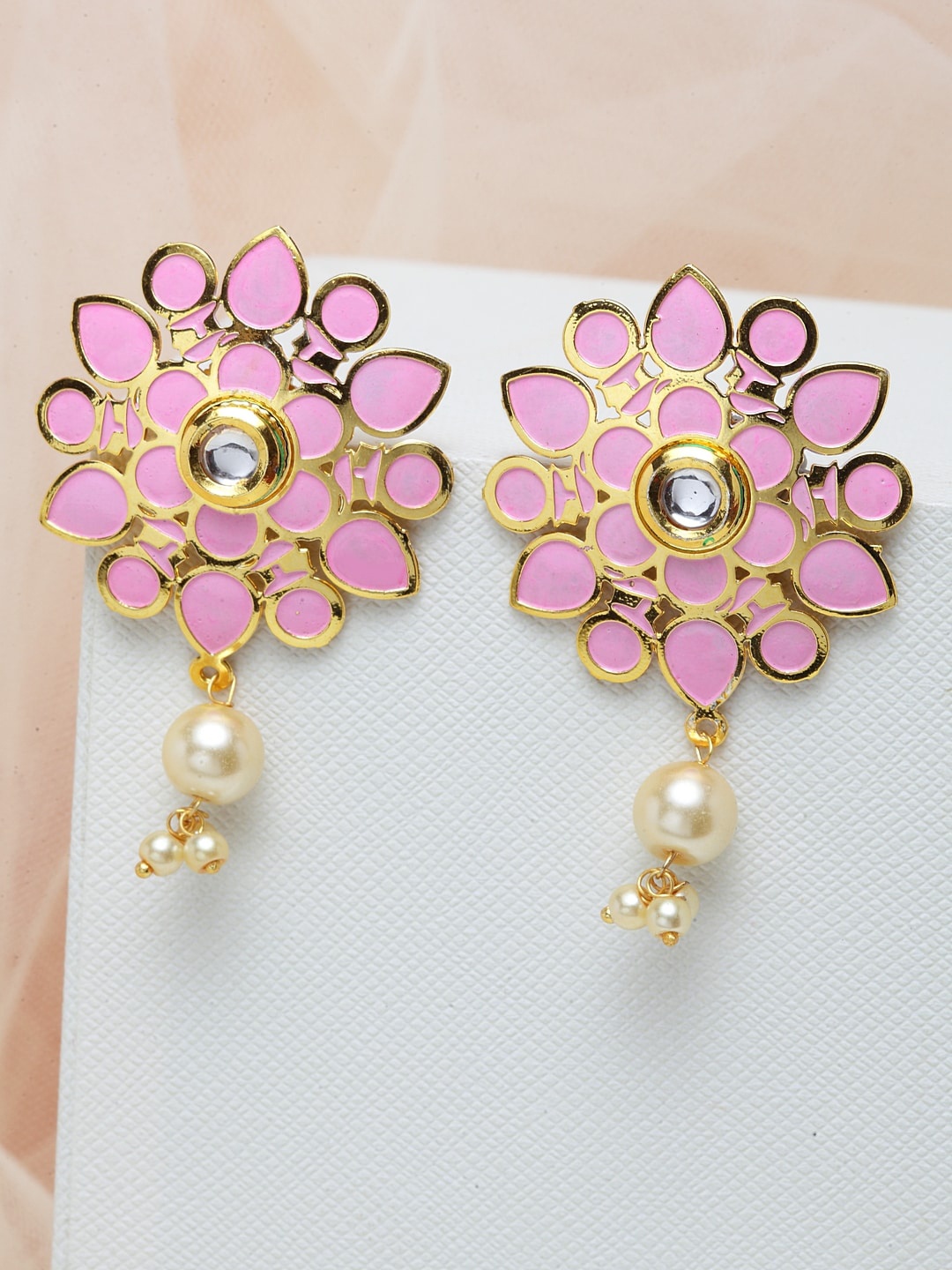 

PANASH Pink & Gold-Toned Floral Drop Earrings