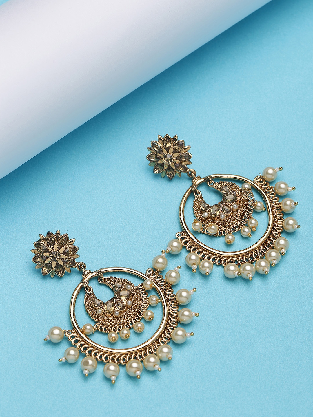 

PANASH Gold-Plated & White Circular Drop Earrings