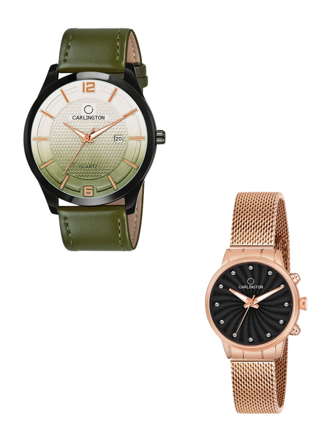 

CARLINGTON Unisex Set Of 2 Analogue Watch Combo CT1010 Green - CT2017 RoseBlack